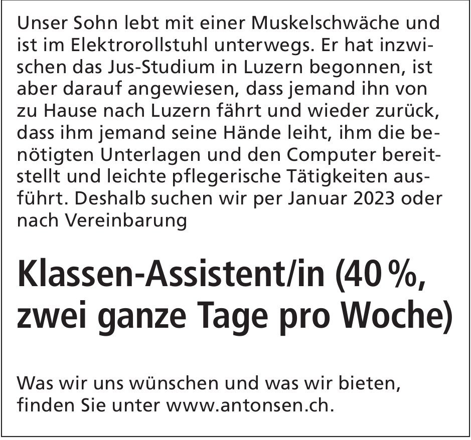 Klassen-Assistent/in (40 %, zwei ganze Tage pro Woche), Luzern,  gesucht