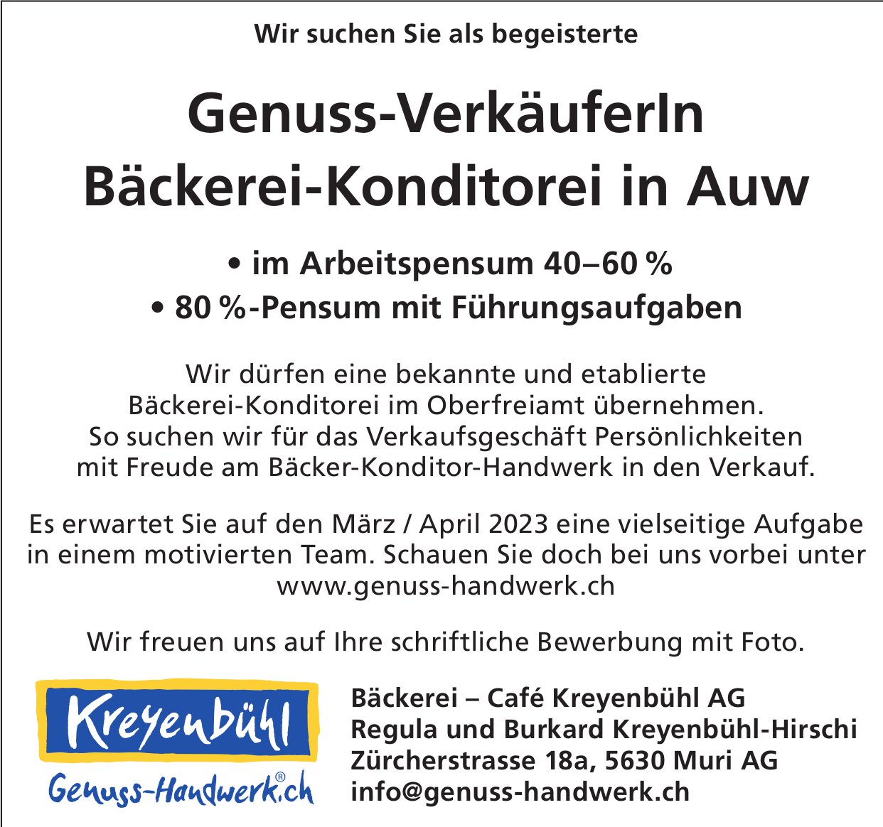 Genuss-VerkäuferIn, Bäckerei – Café Kreyenbühl AG, Auw, gesucht