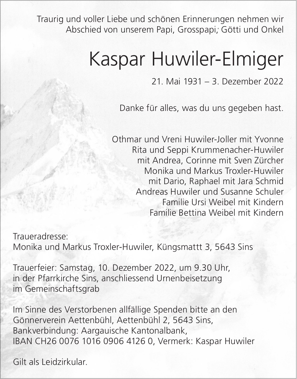 Huwiler-Elmiger Kaspar, Dezember 2022 / TA