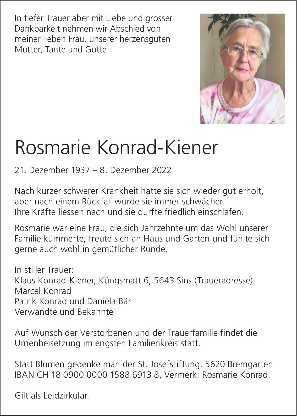 Konrad-Kiener Rosmarie, Dezember 2022 / TA