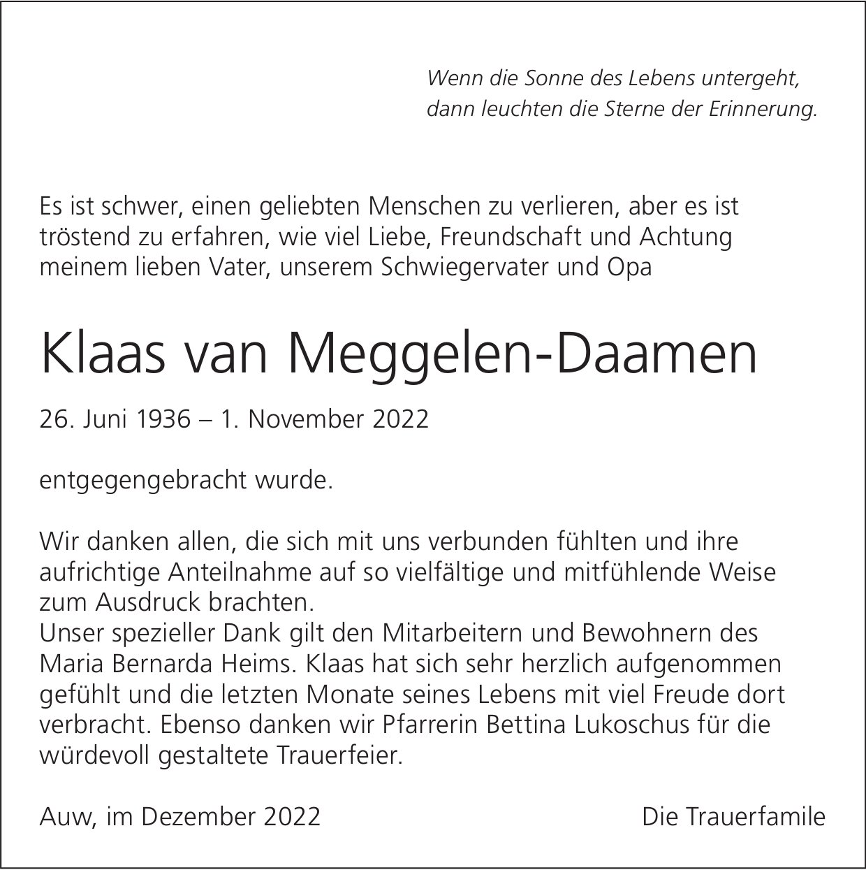 Meggelen-Daamen Klaas van, im Dezember 2022 / DS