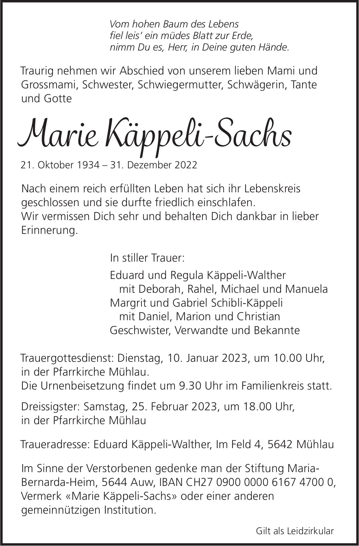 Käppeli-Sachs Marie, Dezember 2022 / TA