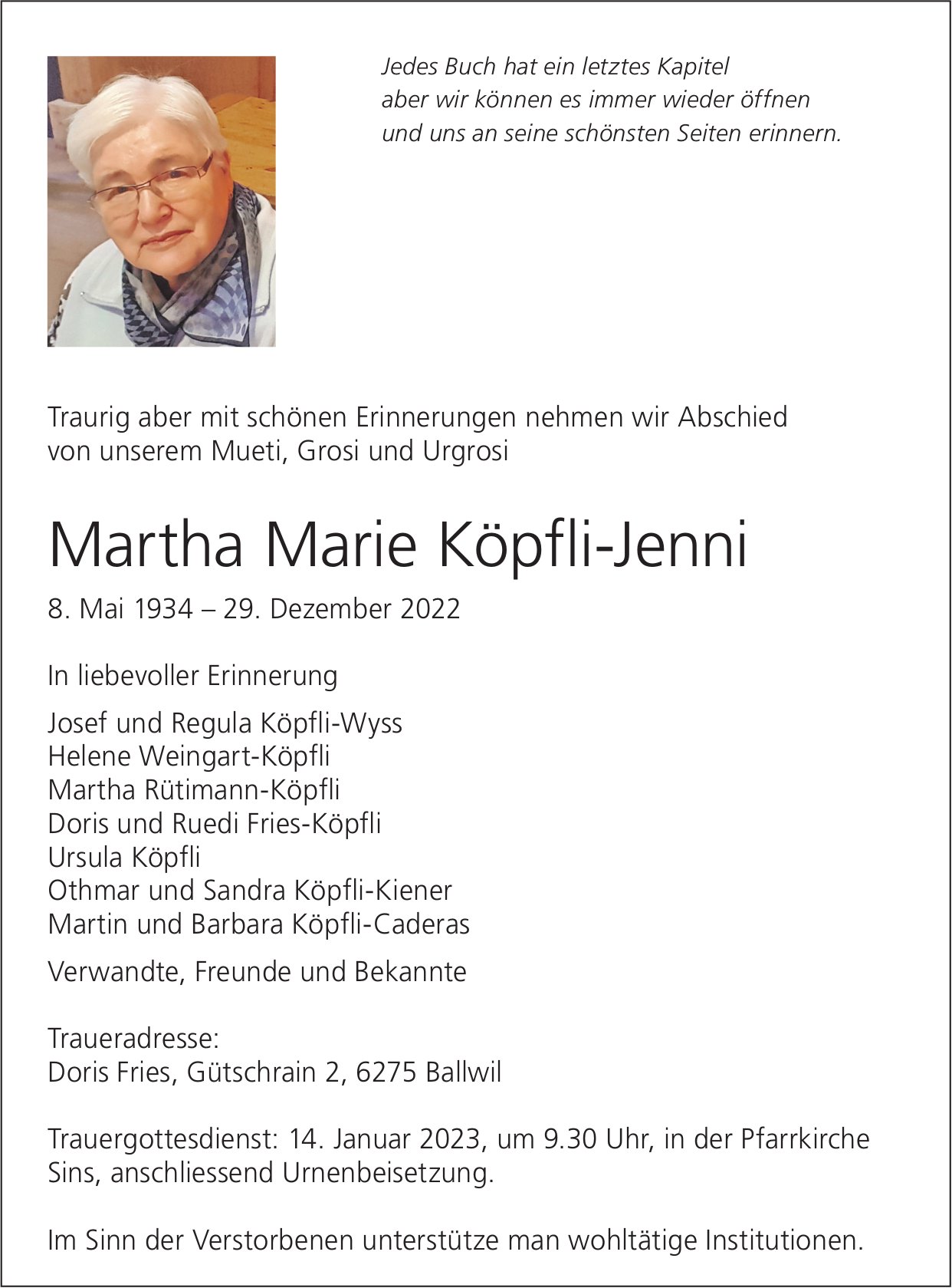 Köpfli-Jenni Martha Marie, Dezember 2022 / TA