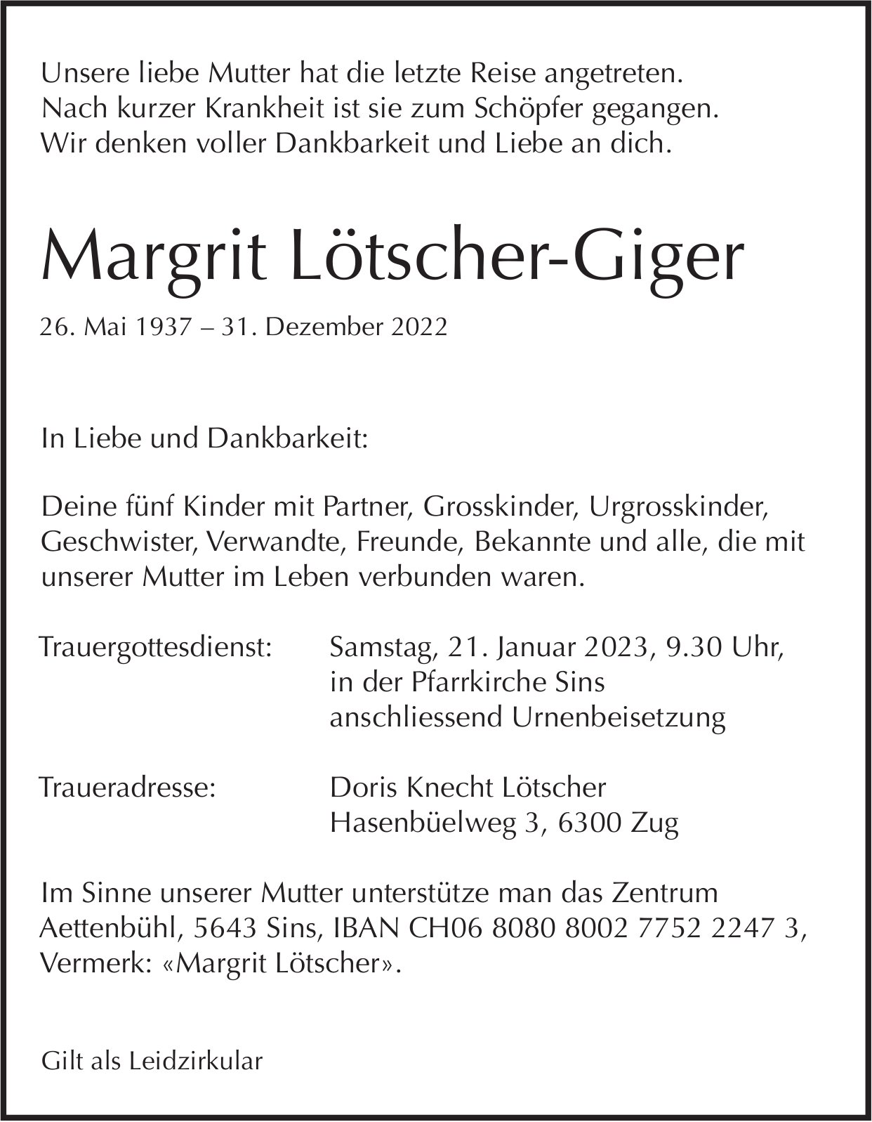 Lötscher-Giger Margrit, Dezember 2022 / TA