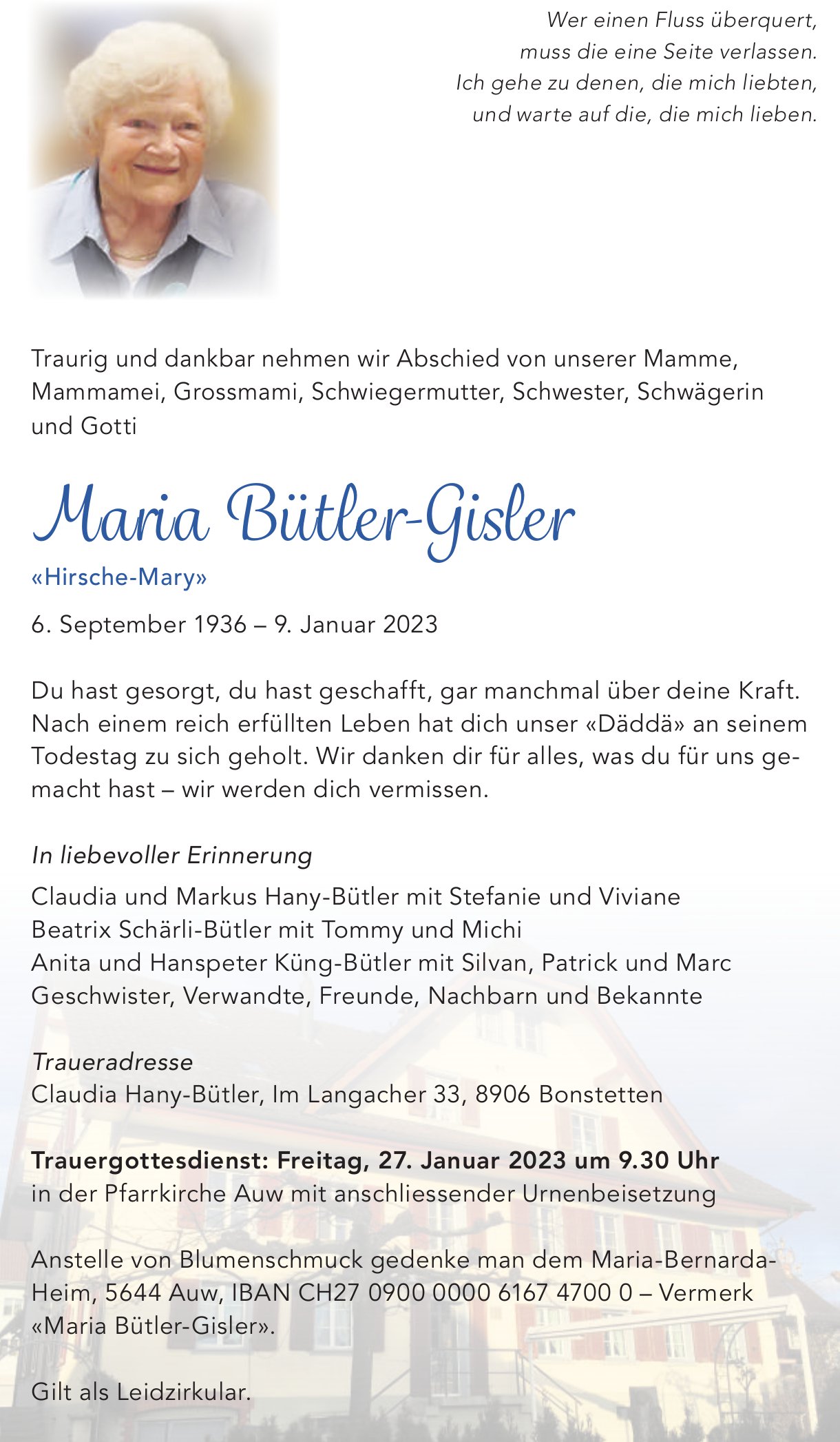 Bütler-Gisler Maria, Januar 2023 / TA