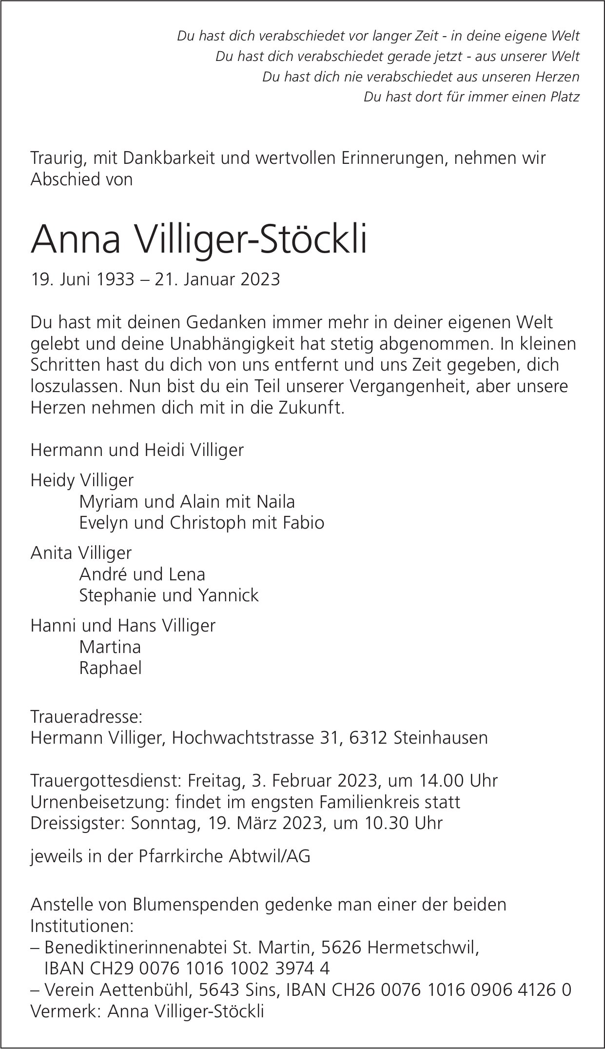 Villiger­Stöckli Anna, Januar 2023 / TA