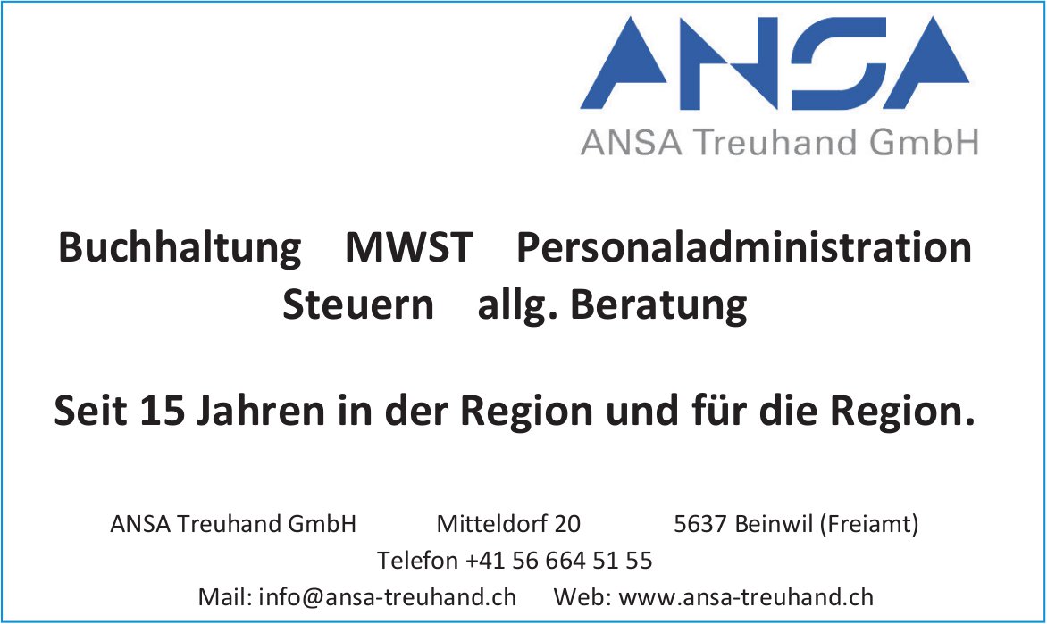 ANSA Treuhand GmbH, Beinwil - Buchhaltung, MWST,  Personaladministration,  Steuern,  allg. Beratung