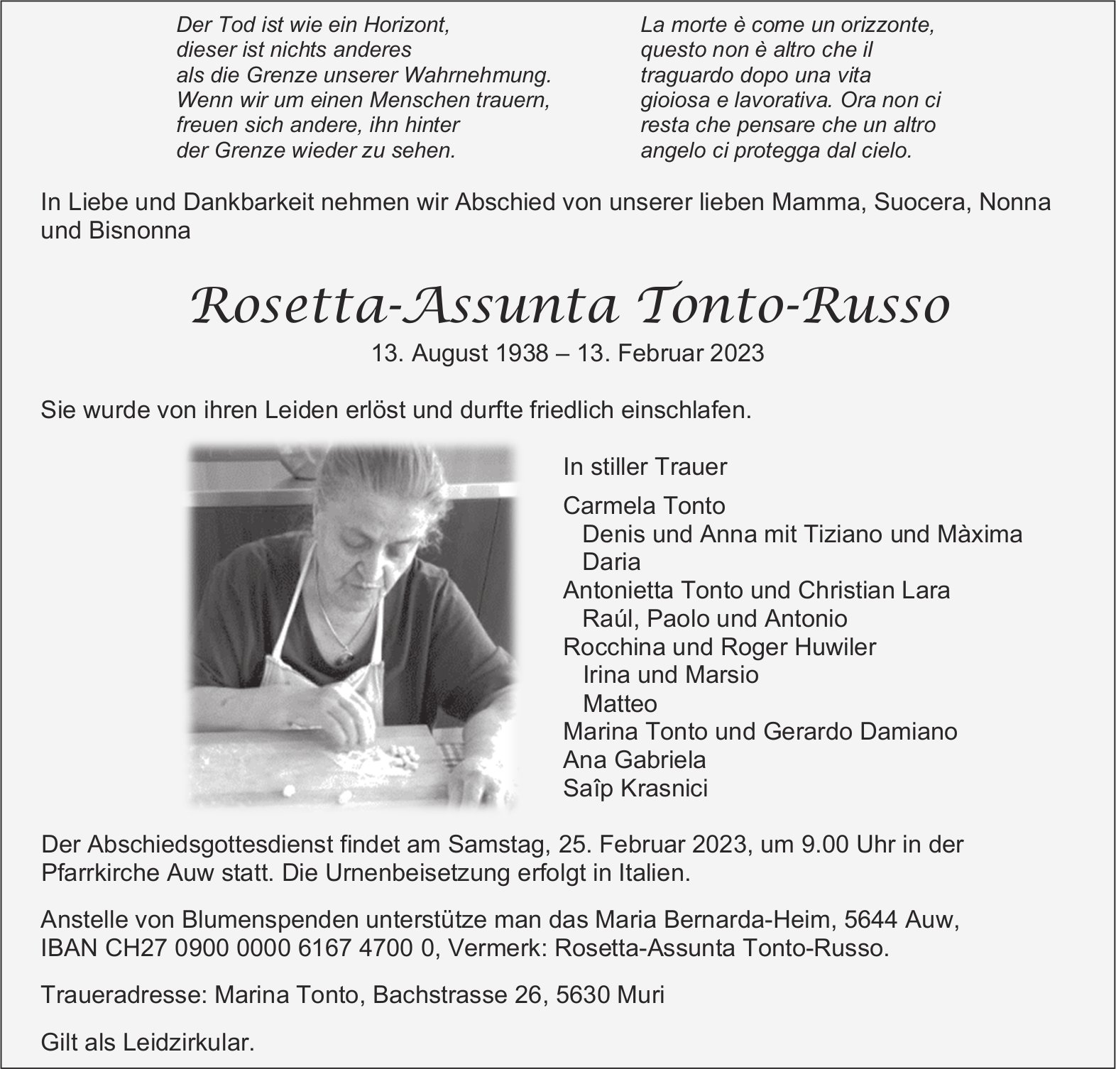 Tonto-Russo Rosetta-Assunta, Februar 2023 / TA