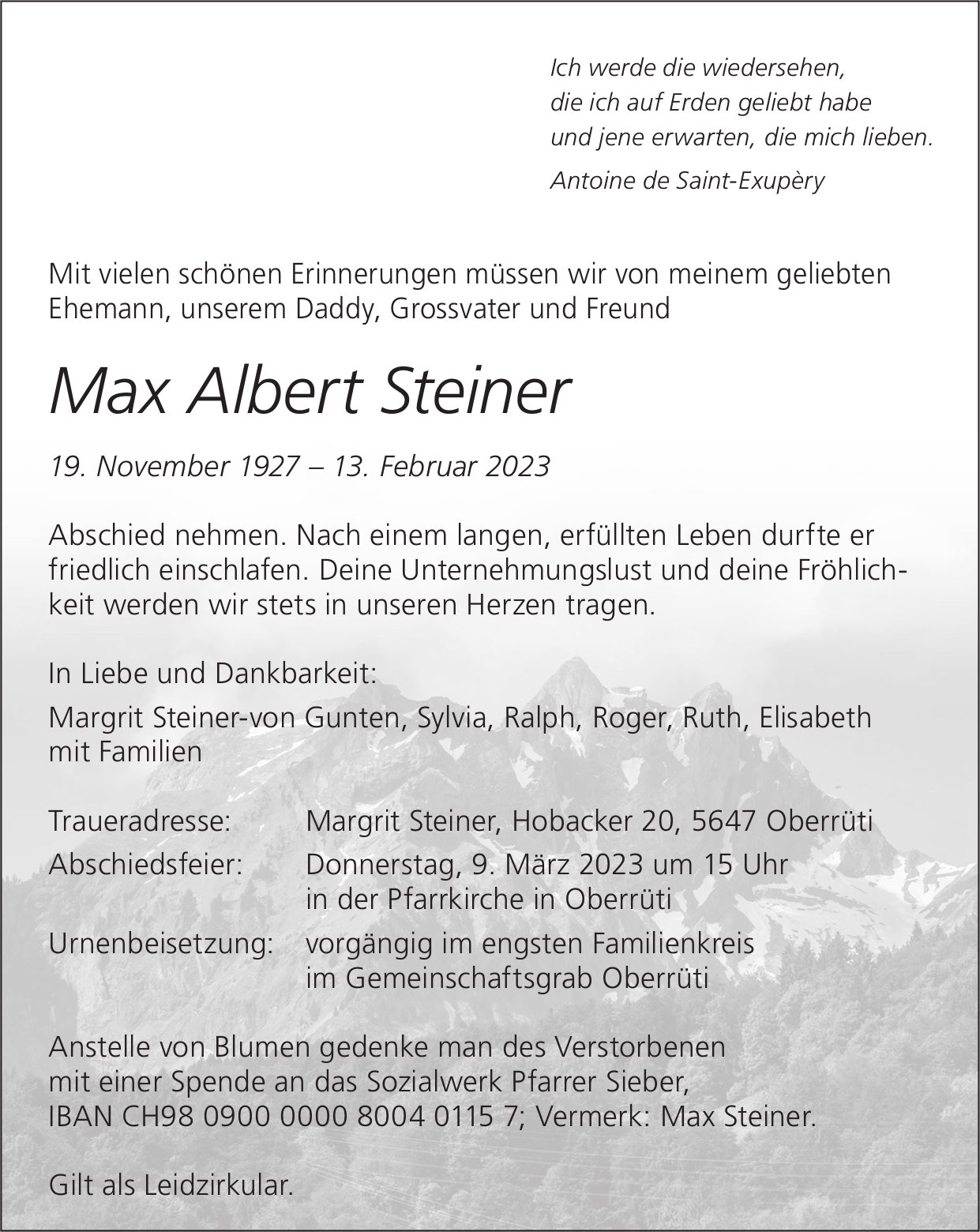 Steiner Max Albert, Februar 2023 / TA