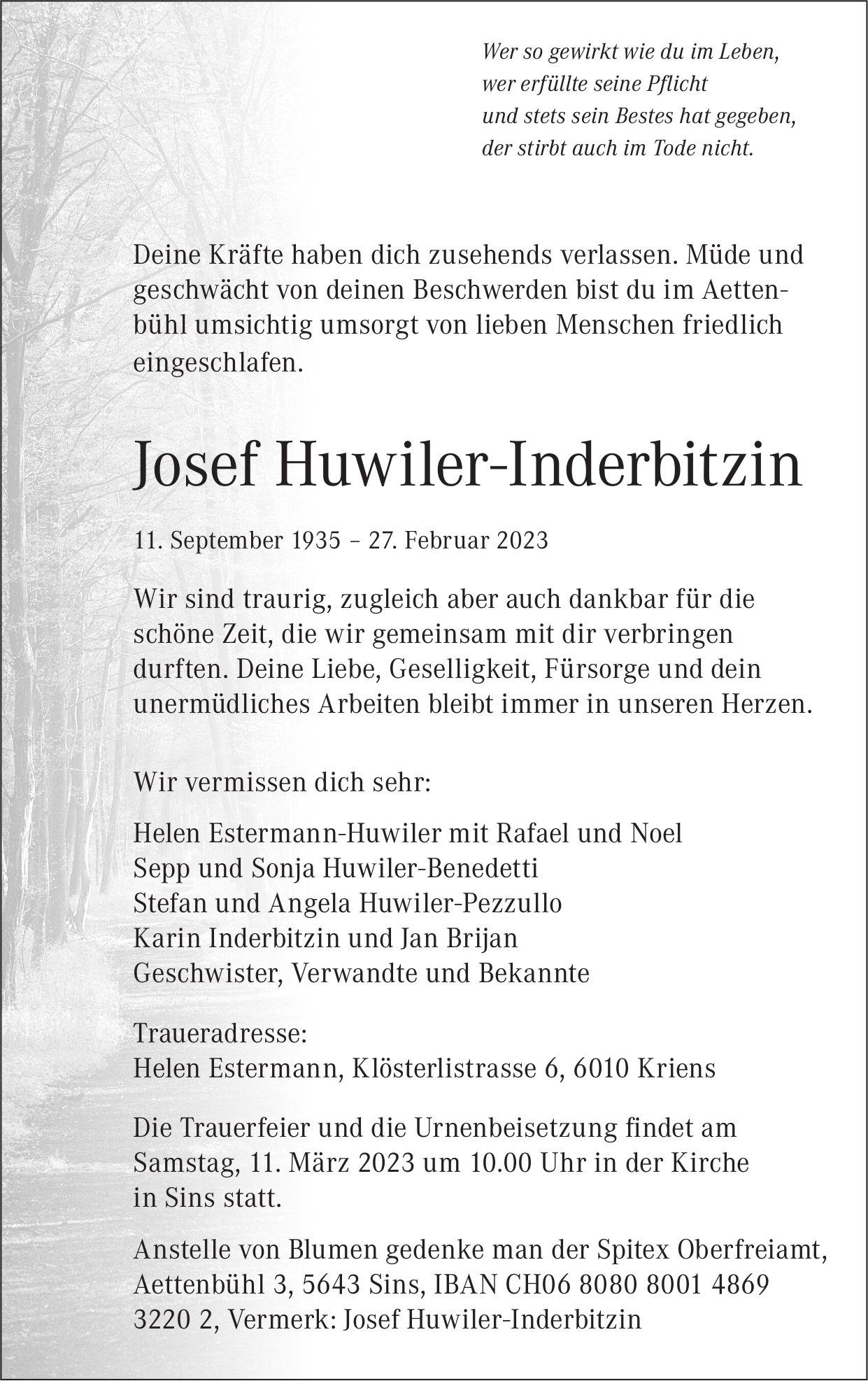 Huwiler-Inderbitzin Josef, Februar 2023 / TA