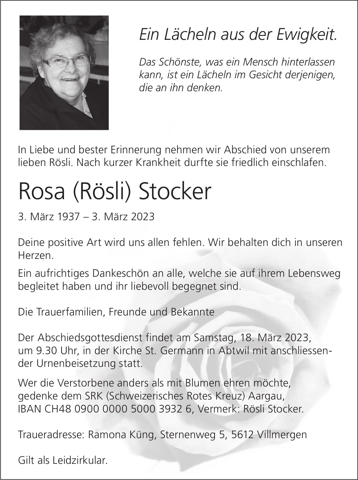 Stocker Rosa (Rösli), März 2023 / TA