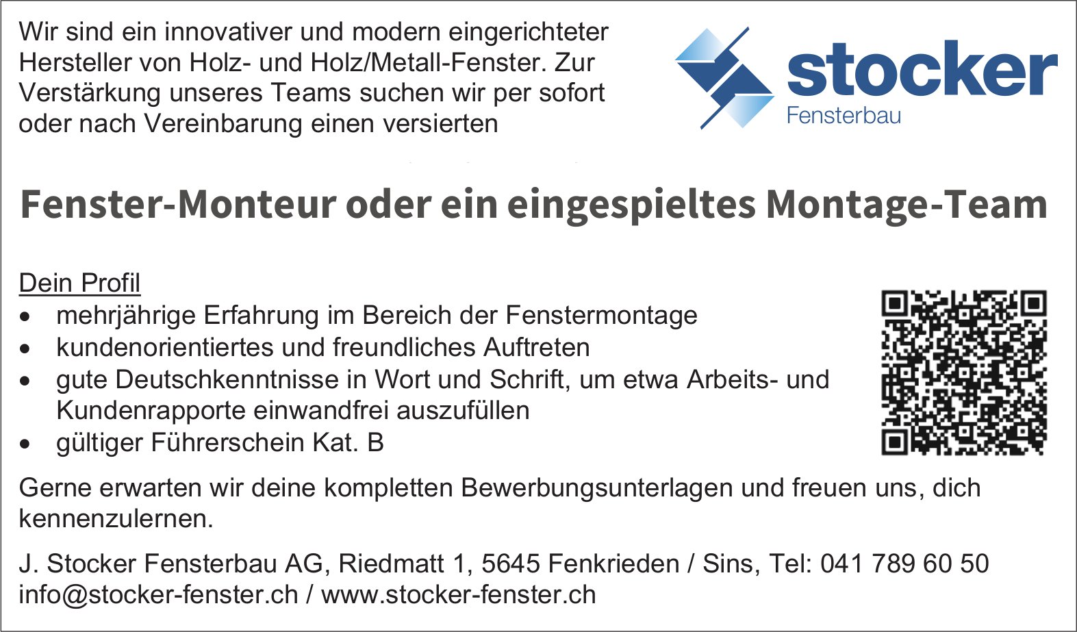 Fenster-Monteur oder ein eingespieltes Montage-Team, J. Stocker Fensterbau AG, Fenkrieden, gesucht