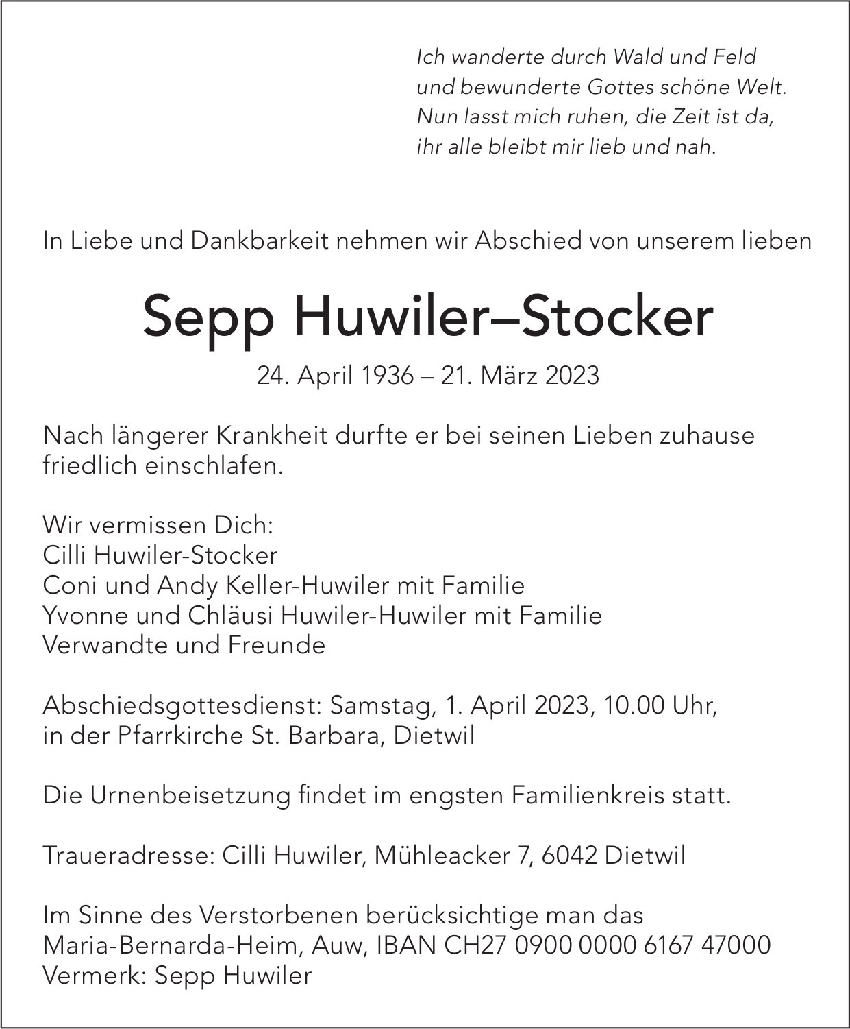 Huwiler–Stocker Sepp, März 2023 / TA