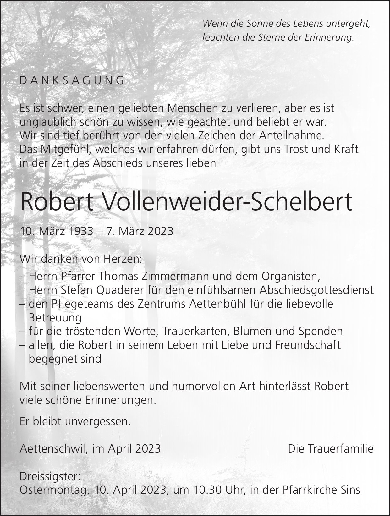 Vollenweider-Schelbert Robert, im April 2023 / DS