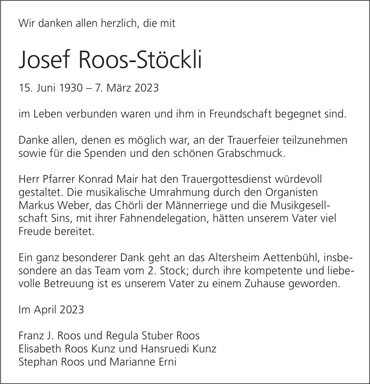 Roos-Stöckli Josef, im April 2023 / DS