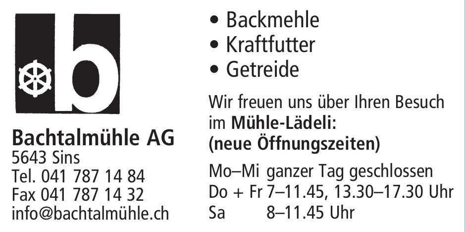 Bachtalmühle AG, Sins - Backmehle, Kraftfutter,  Getreide