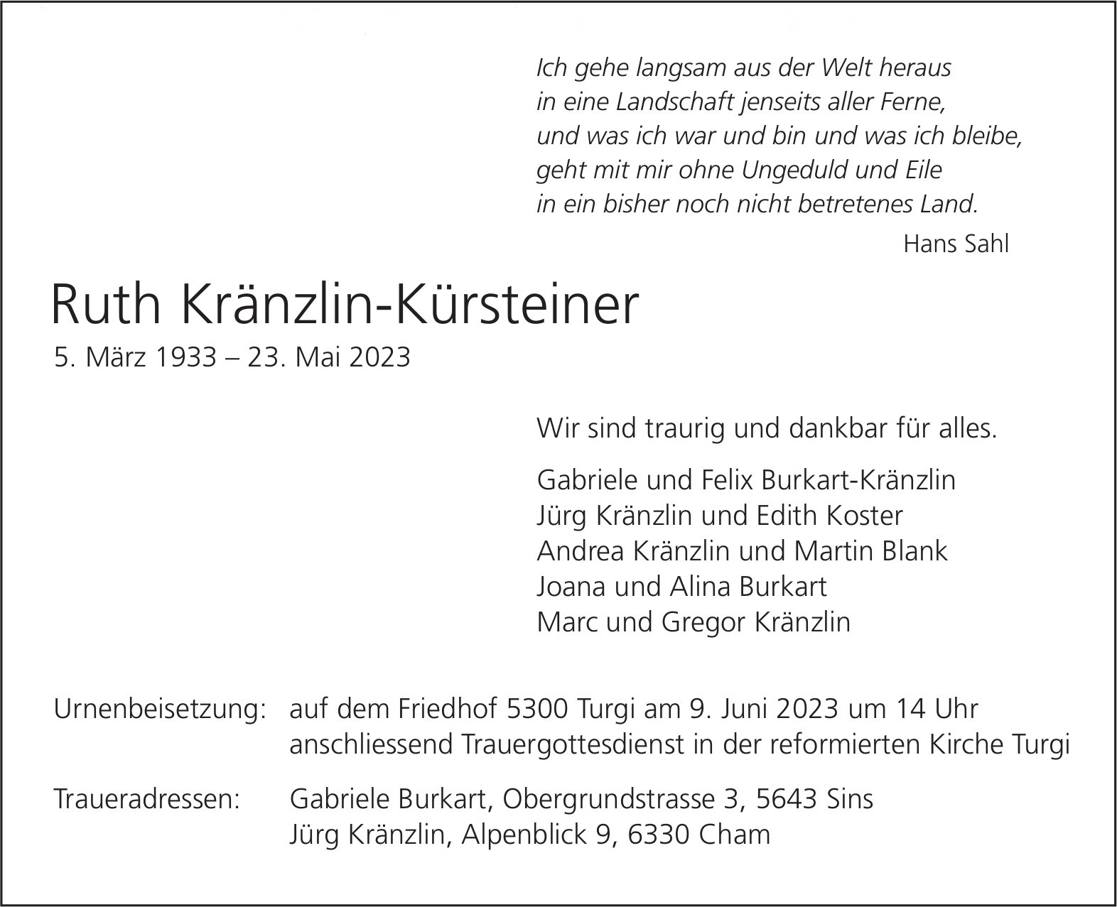 Kränzlin-Kürsteiner Ruth, Mai 2023 / TA