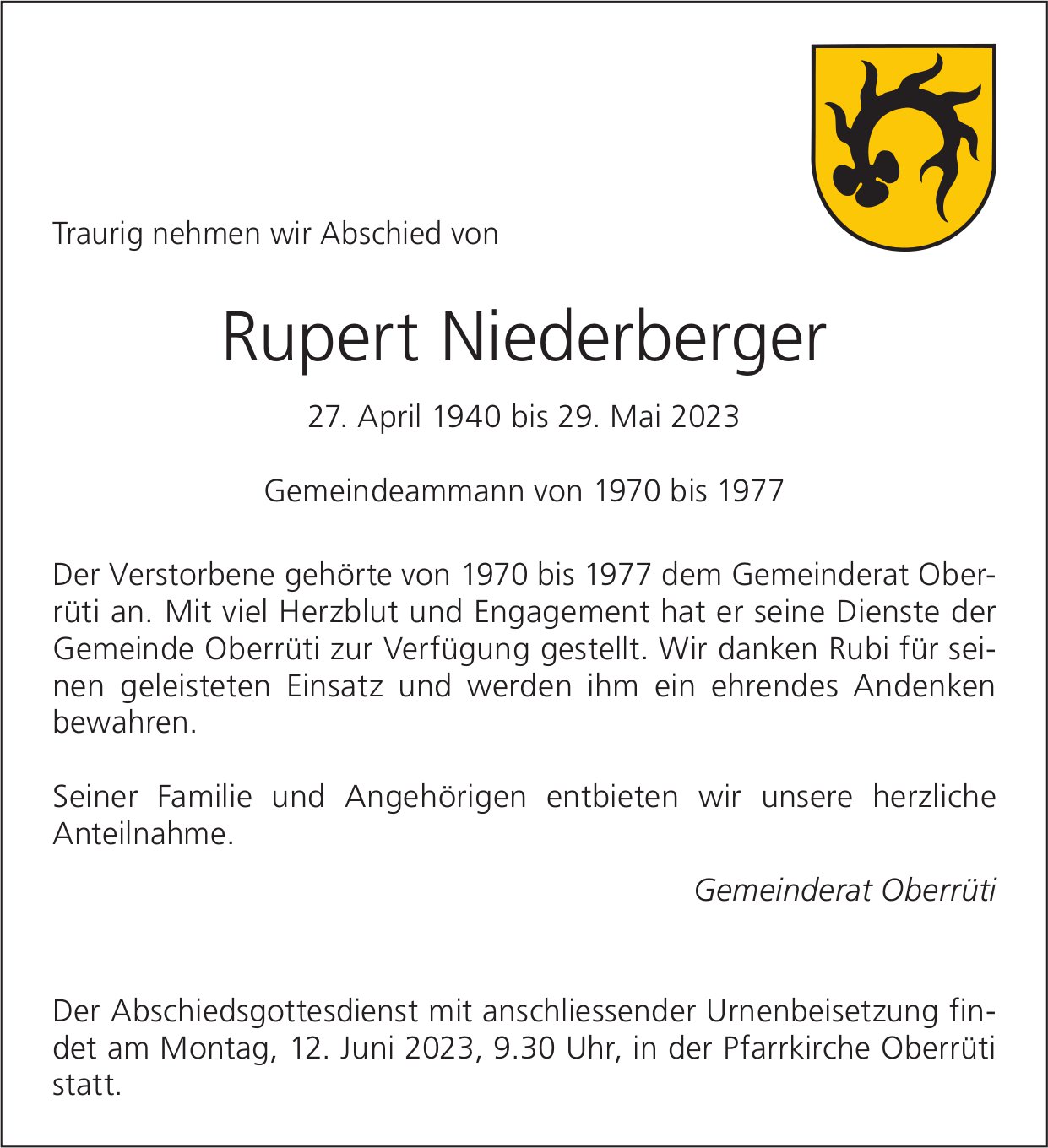 Niederberger Rupert, Mai 2023 / TA