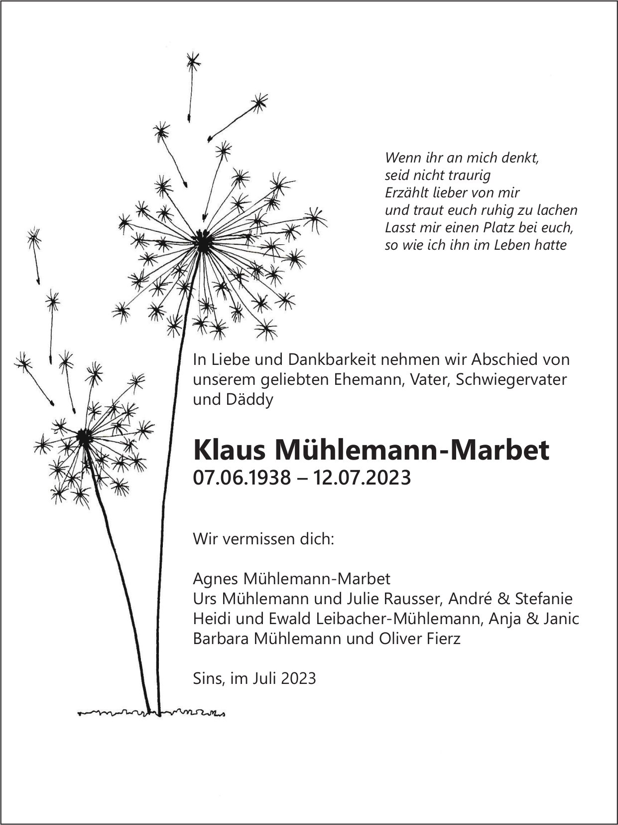 Mühlemann-Marbet Klaus, Juli 2023 / TA