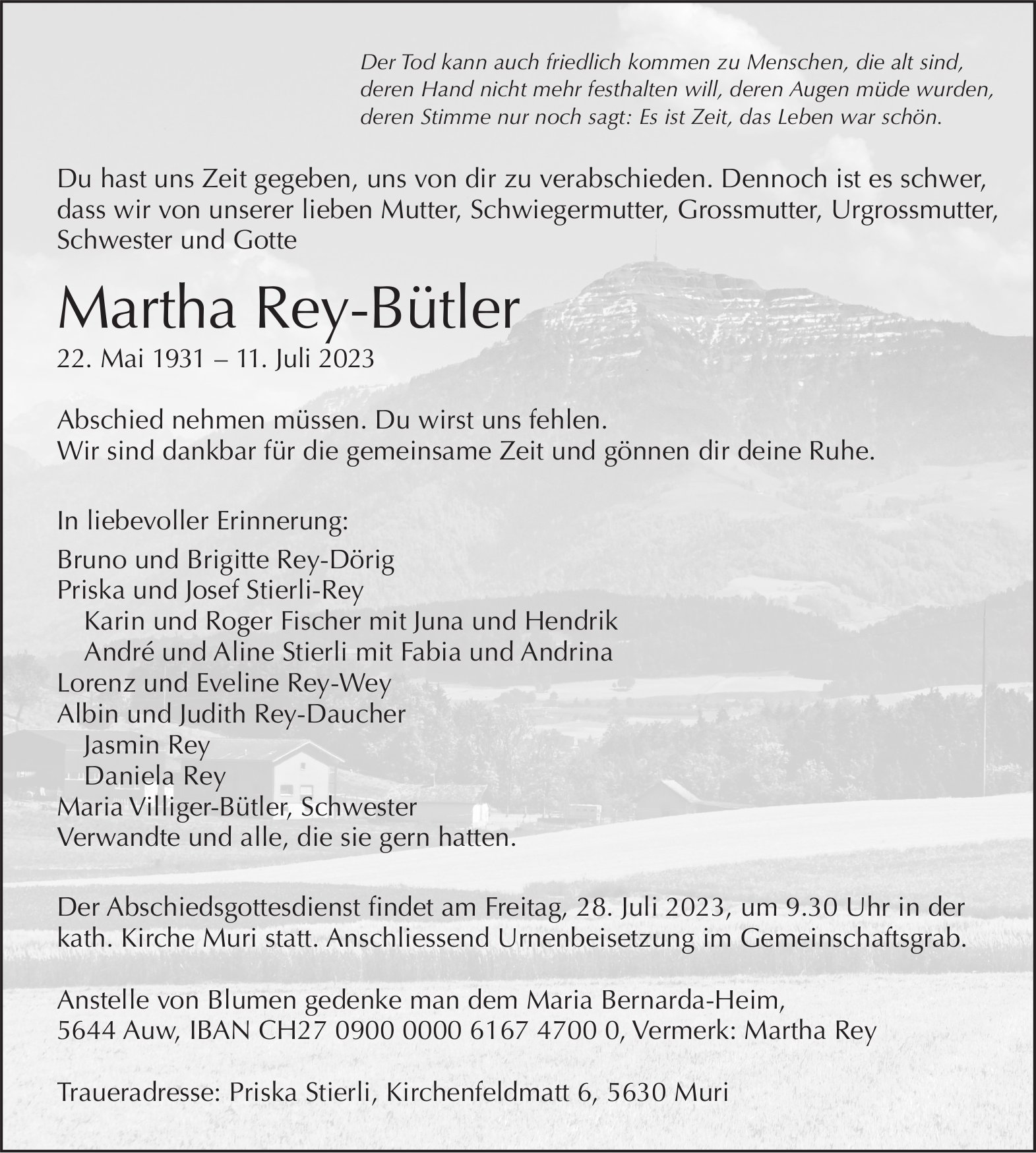 Rey-Bütler Martha, Juli 2023 / TA