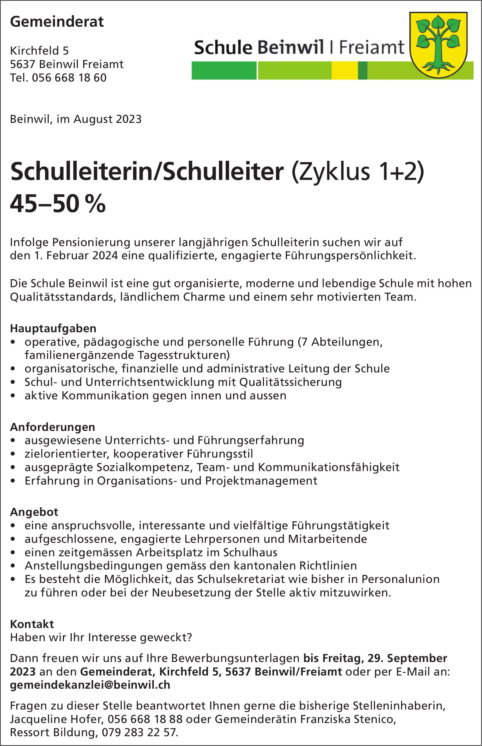 Schulleiterin/Schulleiter 45–50 %, Schule Beinwil, gesucht