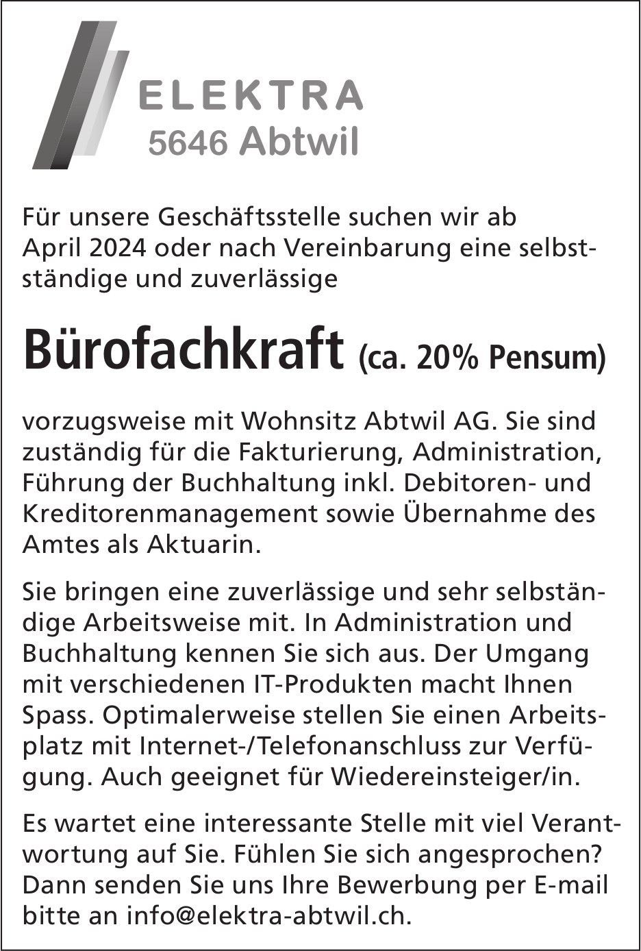 Bürofachkraft (ca. 20%), Elektra, Abtwil, gesucht