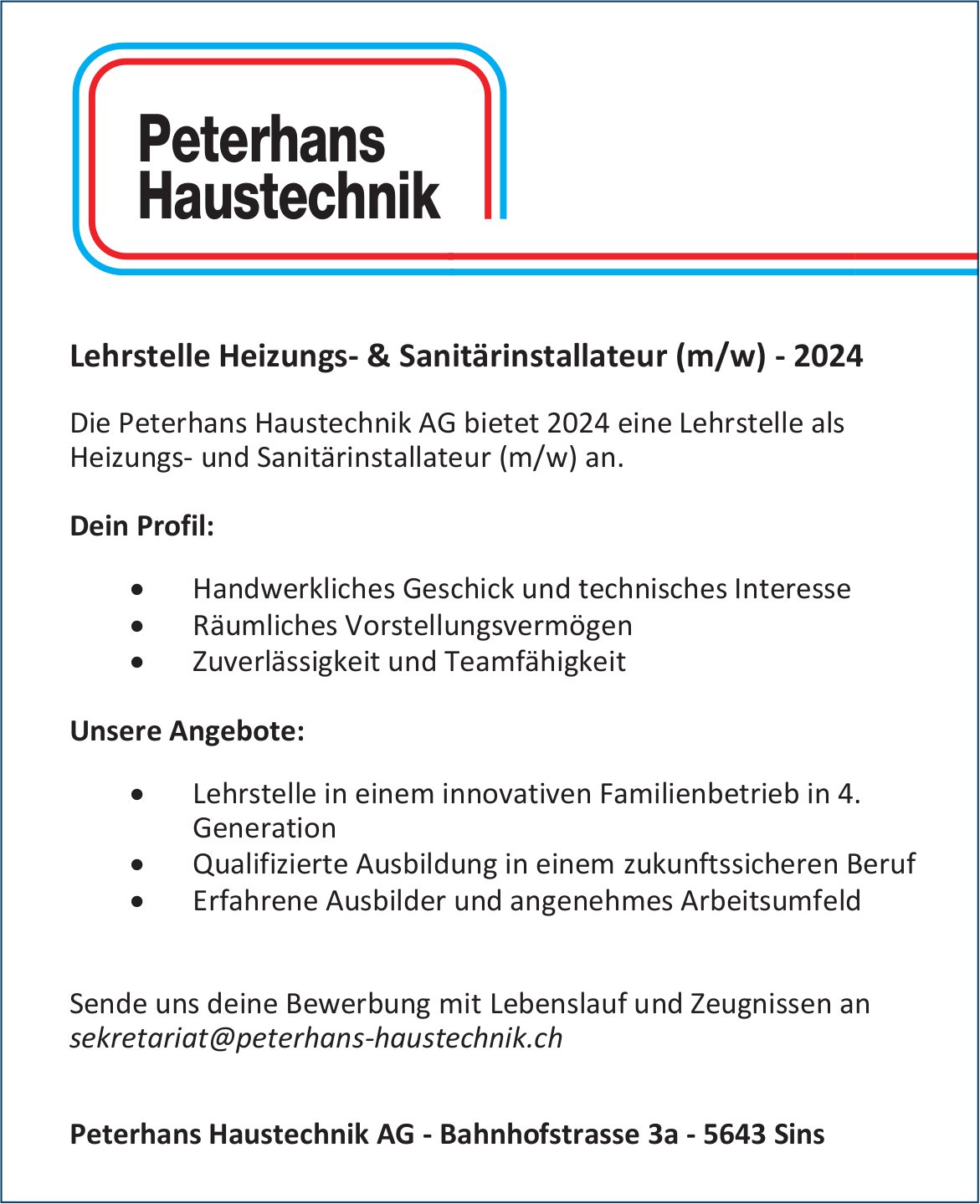 Peterhans Haustechnik AG, Sins - Lehrstelle Heizungs- & Sanitärinstallateur (w/m) - 2024