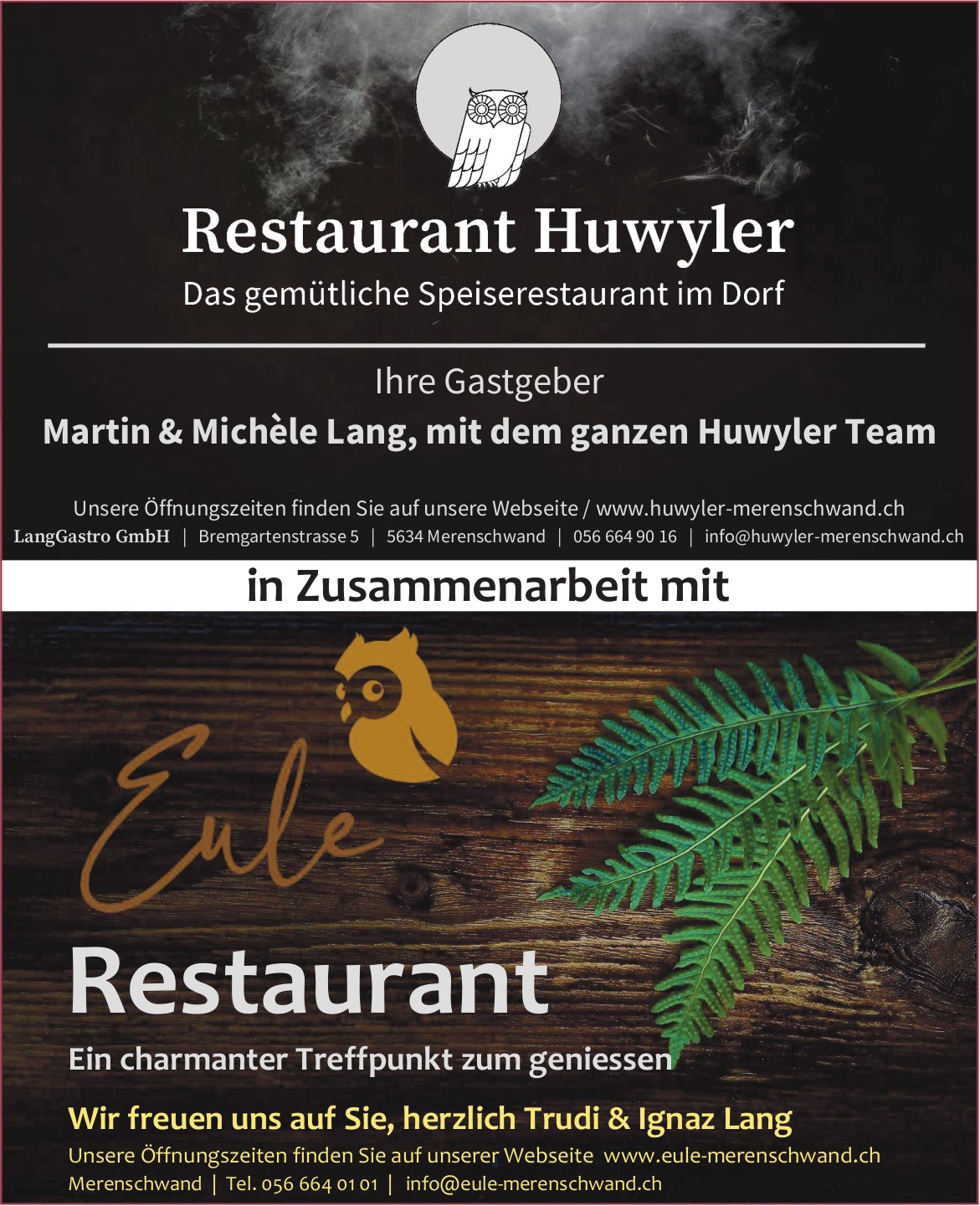 Restaurant Huwyler und Eule Restaurant, Merenschwand - Das gemütliche Speiserestaurant