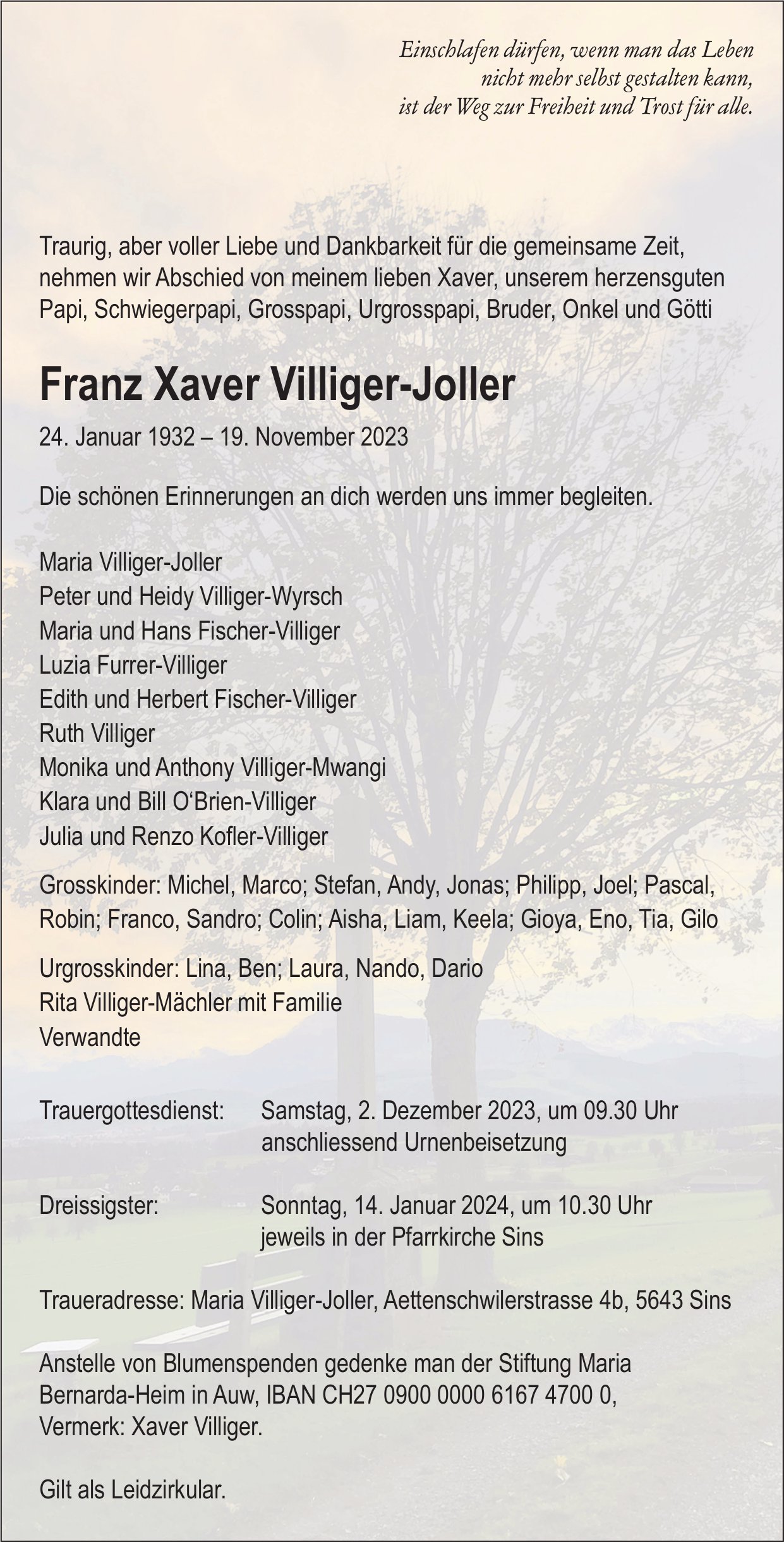 Villiger-Joller Franz Xaver, November 2023 / TA