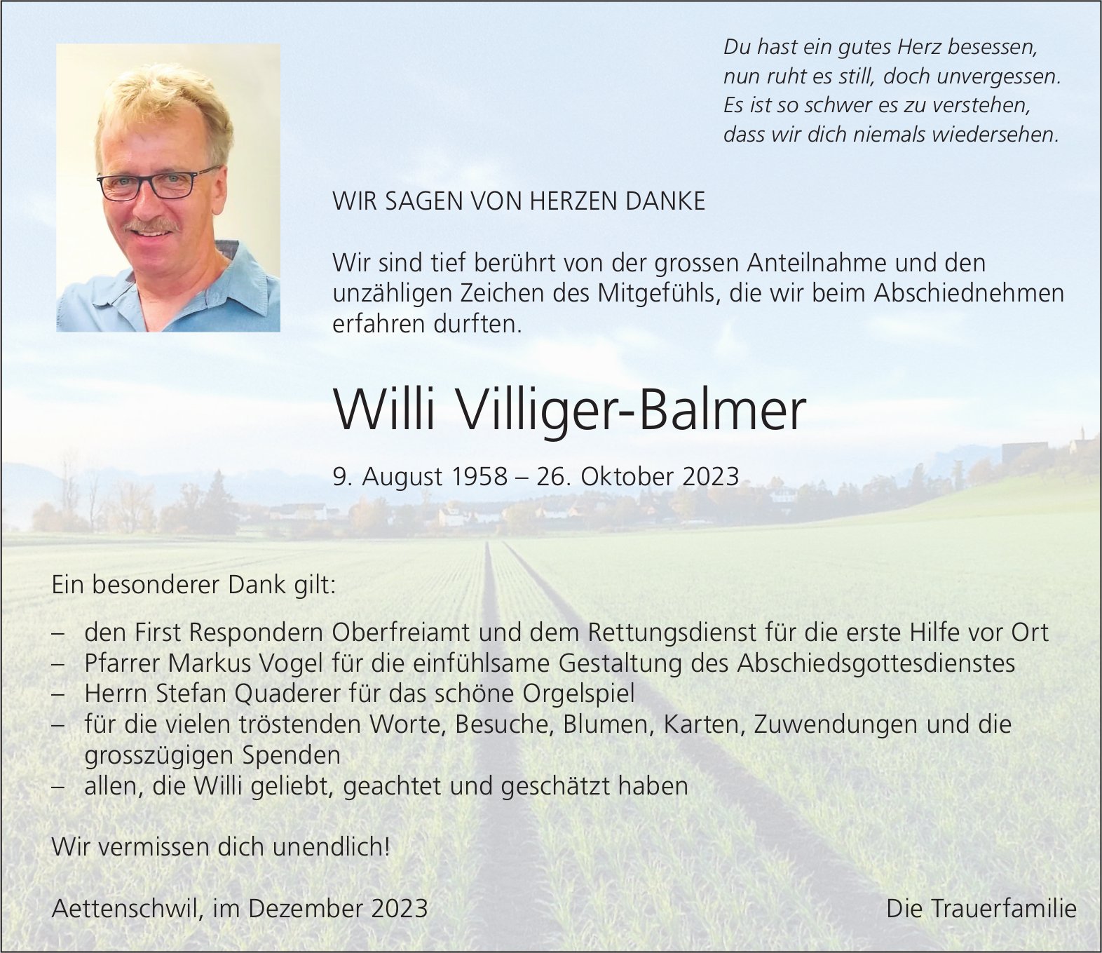 Villiger-Balmer Willi, im Dezember 2023 / DS
