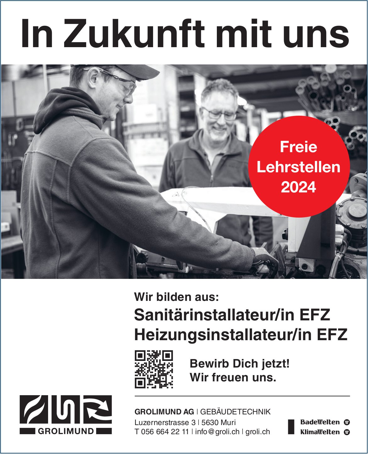 Grolimund AG, Gebäudetechnik, Muri - Lehrstellen als Sanitärinstallateur/in EFZ und Heizungsinstallateur/in EFZ