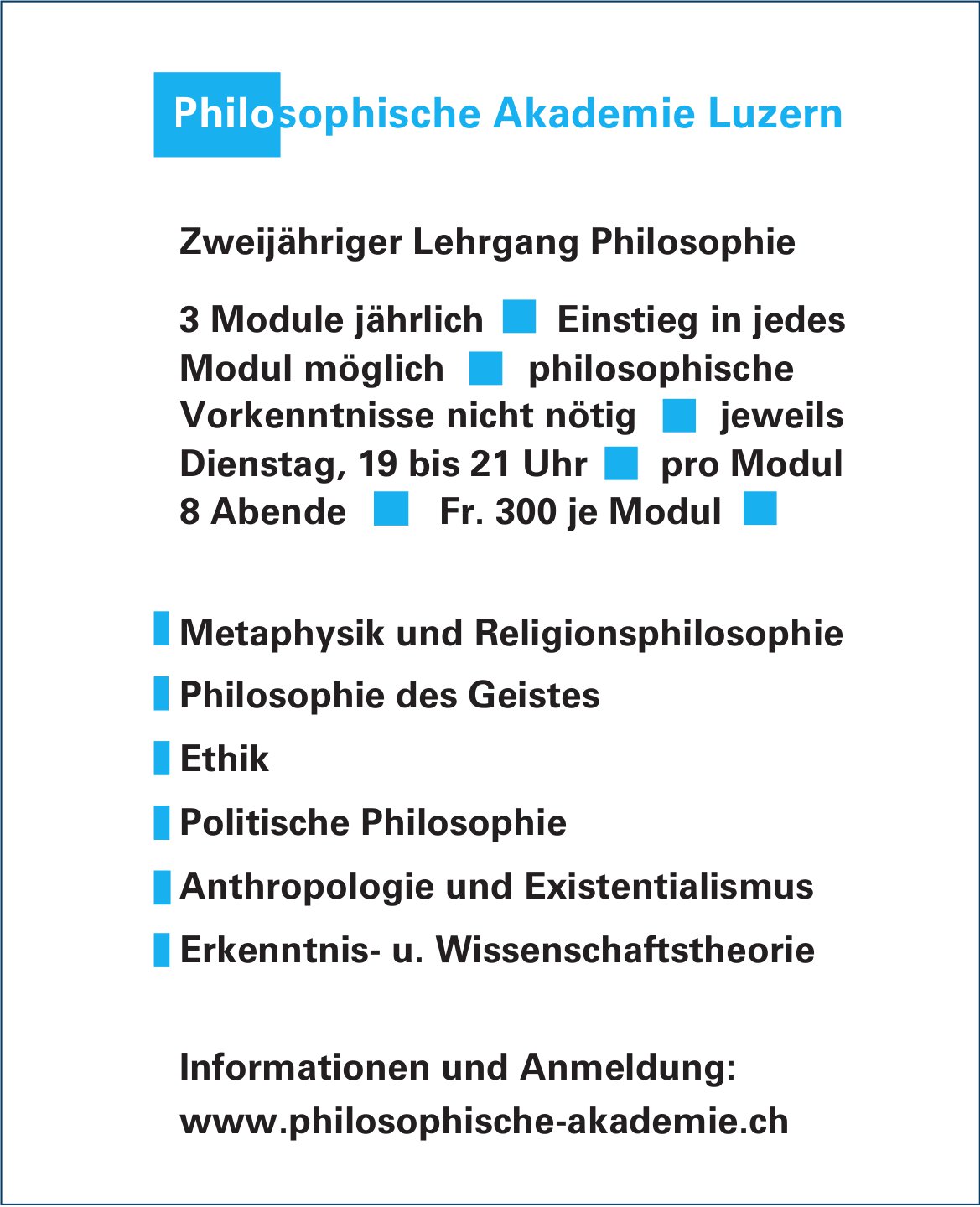 Philosophische Akademie Luzern, Zweijähriger Lehrgang Philosophie