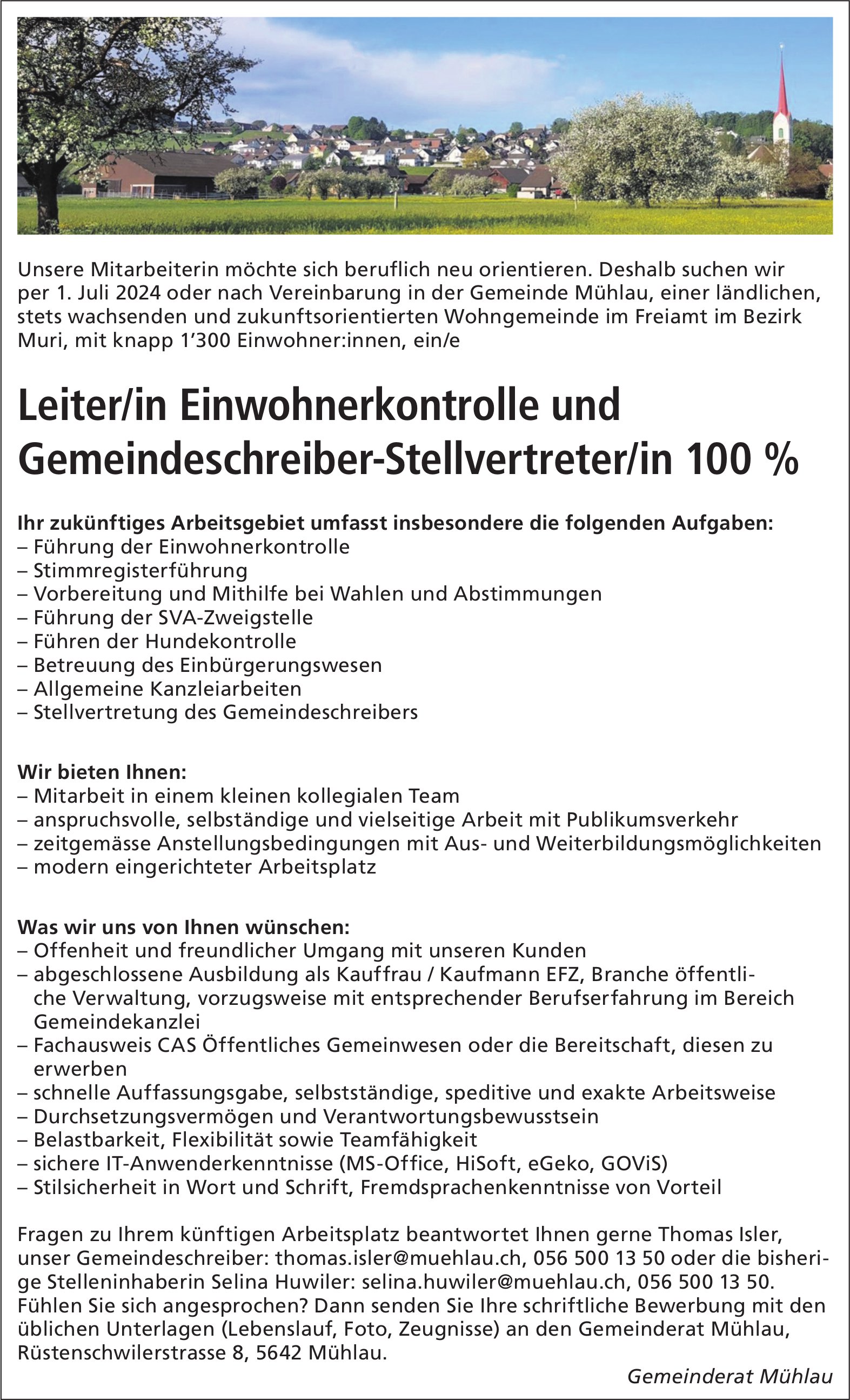 Leiter/in Einwohnerkontrolle und Gemeindeschreiber-Stellvertreter/in 100%, Gemeinde, Mühlau, gesucht