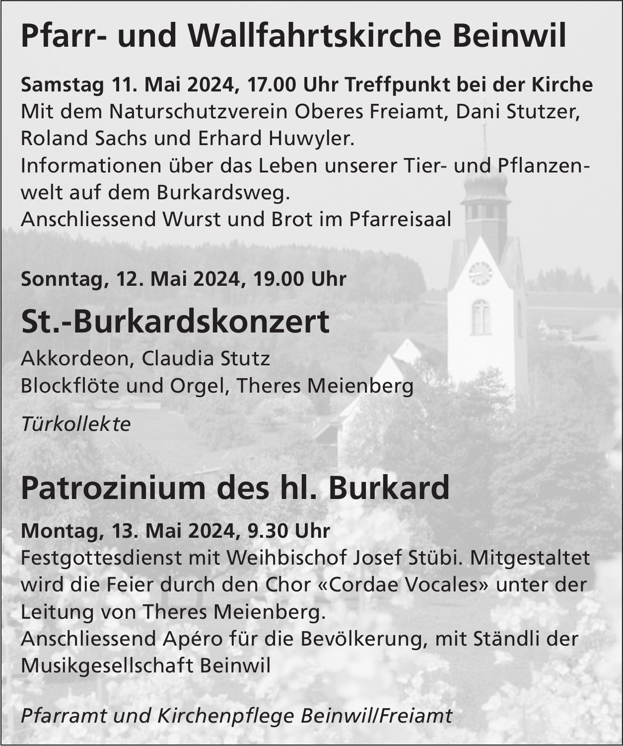 Burkardsweg, St.-Burkardskonzert und Patrozinium des hl. Burkard, 11. bis 13. Mai, Kirche, Beinwil