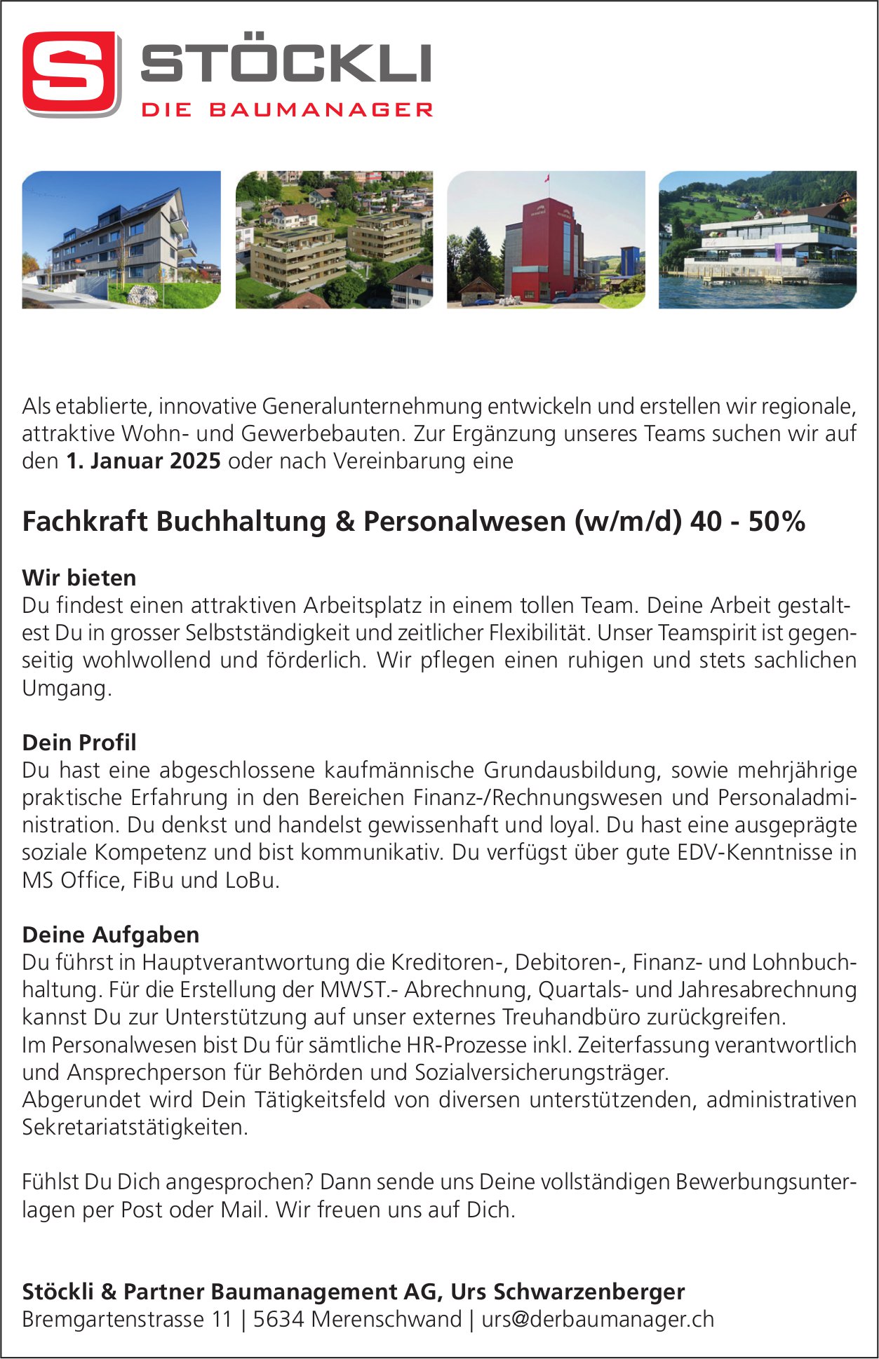 Fachkraft Buchhaltung & Personalwesen (w/m/d) 40-50%, Stöckli & Partner Baumanagement AG, Merenschwand, gesucht