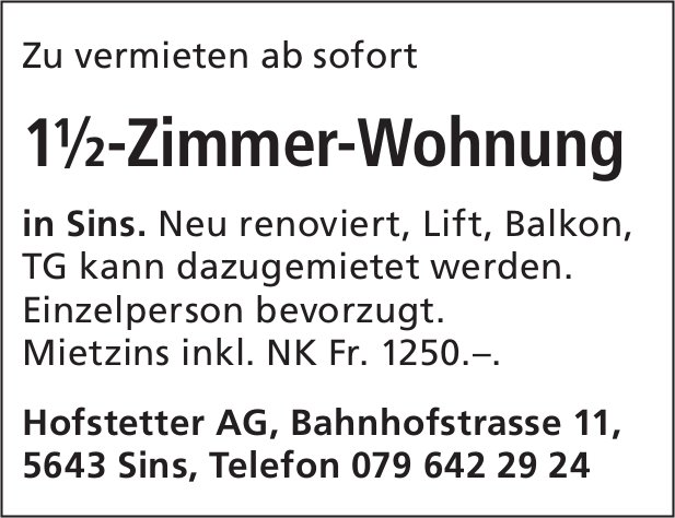 1.5-Zimmer-Wohnung, Sins, zu vermieten