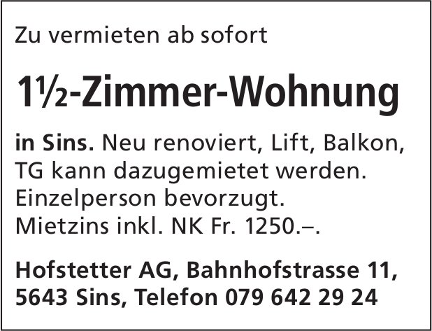 1.5-Zimmer-Wohnung, Sins, zu vermieten