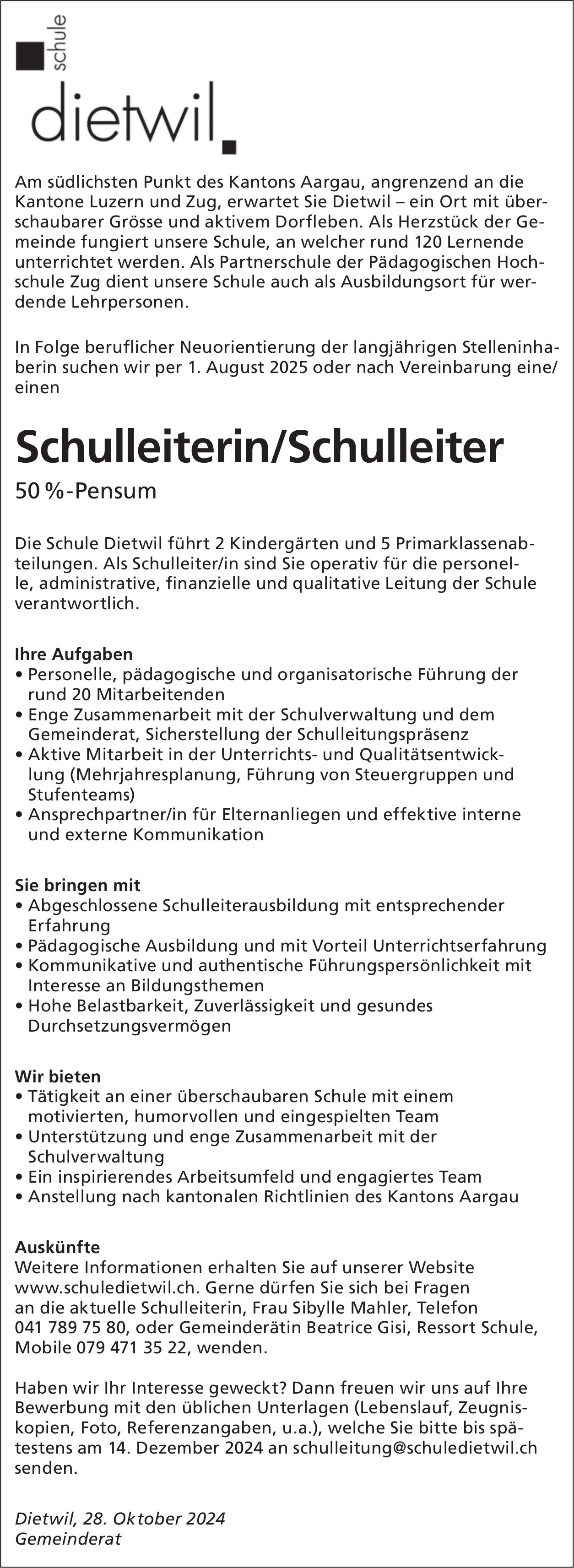 Schulleiterin/Schulleiter, Gemeinde, Dietwil, gesucht