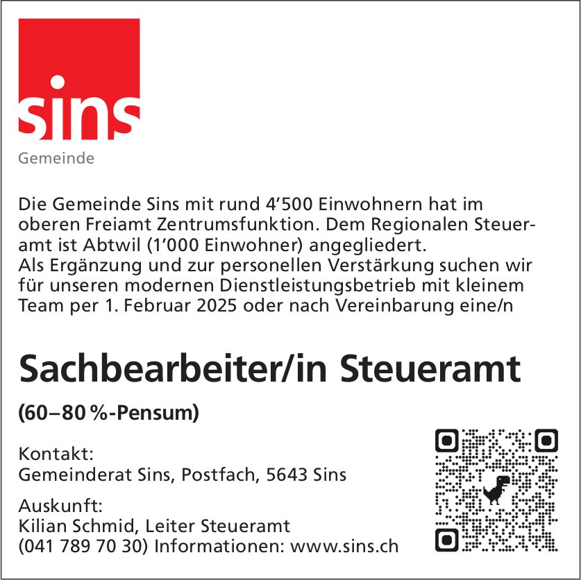 Sachbearbeiter/in Steueramt 60-80%, Gemeinde, Sins, gesucht