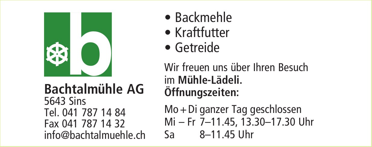 Bachtalmühle AG, Sins - Backmehle, Kraftfutter,  Getreide