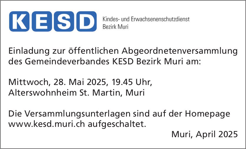 Öffentliche Abgeordnetenversammlung KESD, 28. Mai, Alterswohnheim St. Martin, Muri