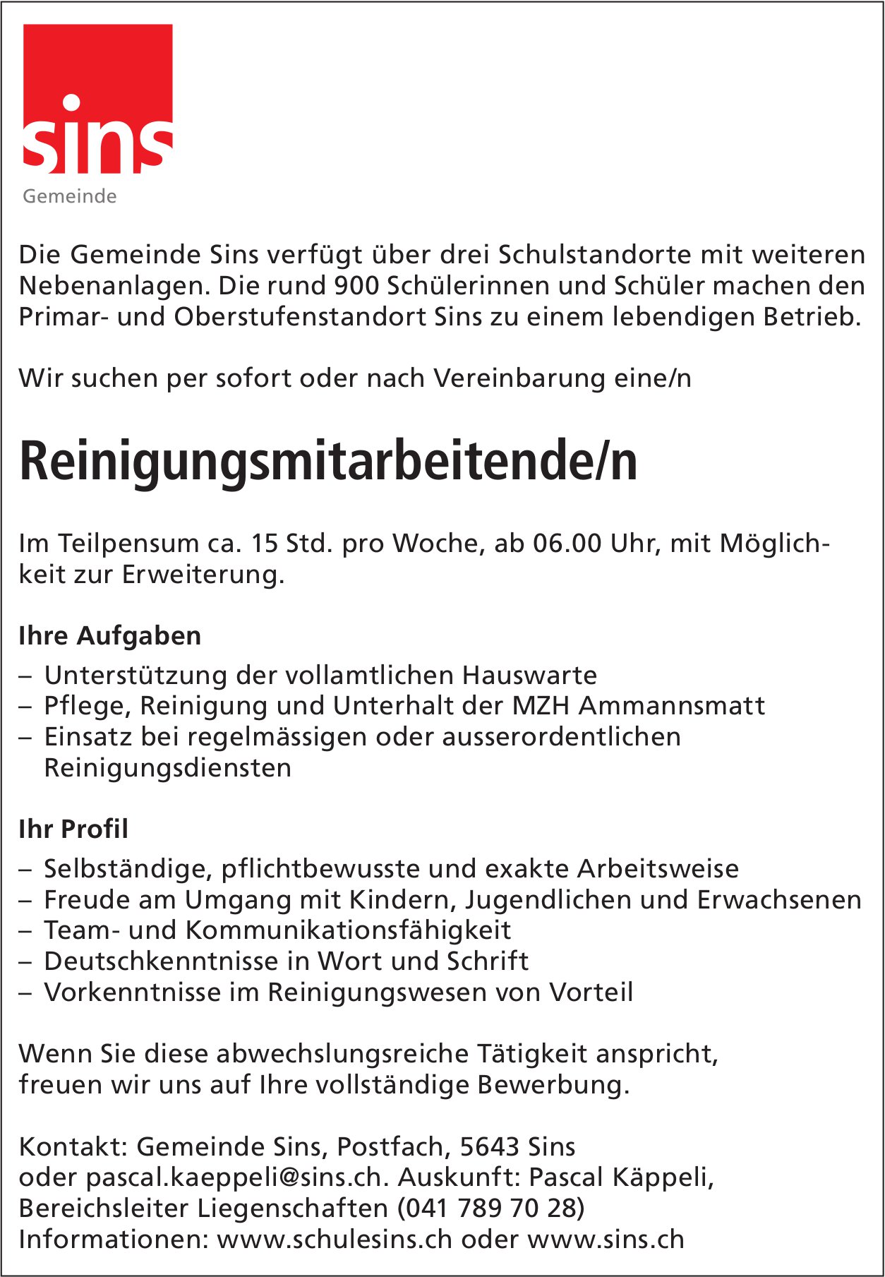 Reinigungsmitarbeitende/r, Gemeinde, Sins, gesucht
