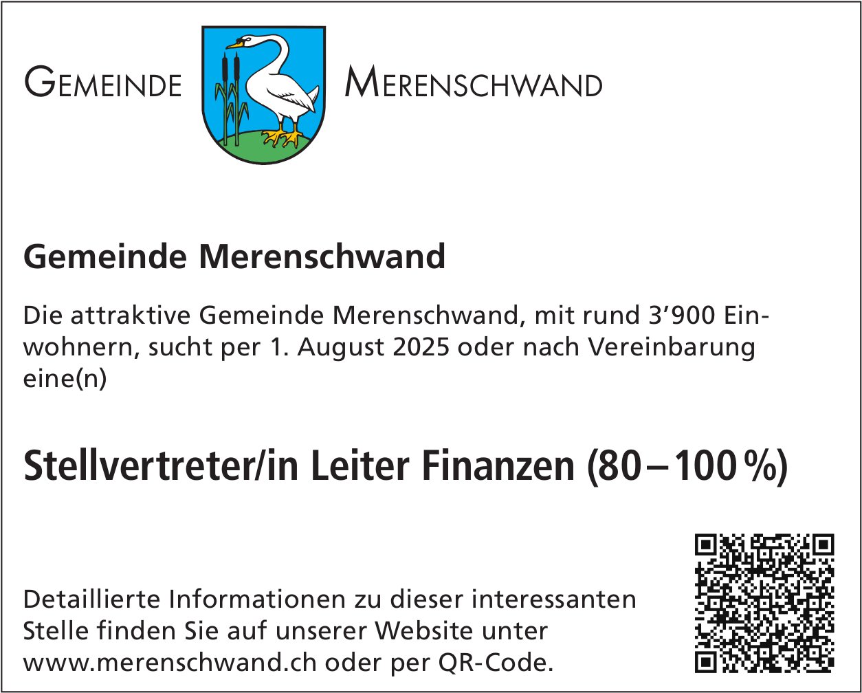 Stellvertreter/in Leiter Finanzen (80-100%), Gemeinde, Merenschwand, gesucht