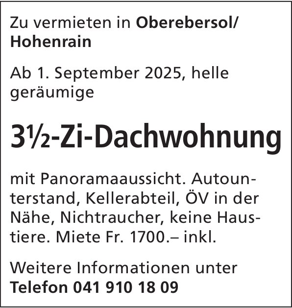 3.5-Zi-Dachwohnung, Oberebersol/Hohenrain, zu vermieten