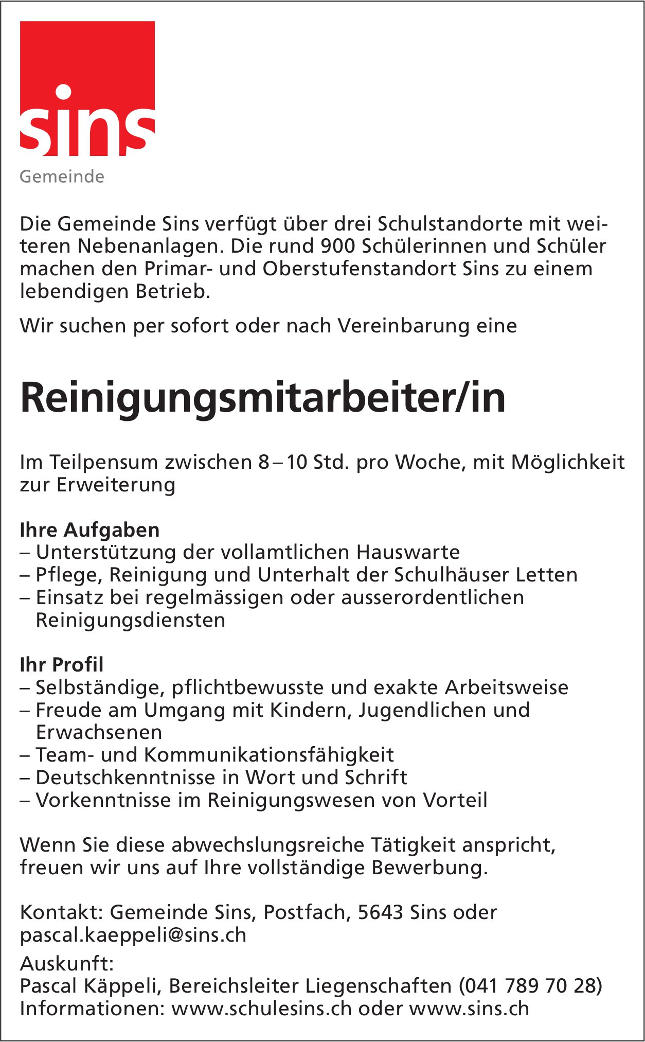 Reinigungsmitarbeiter/in, Gemeinde, Sins, gesucht