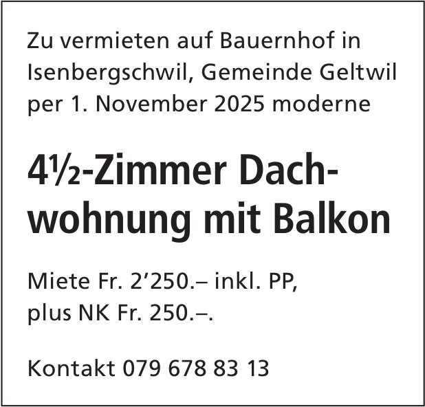 4.5-Zimmer Dachwohnung mit Balkon, Isenbergschwil, zu vermieten