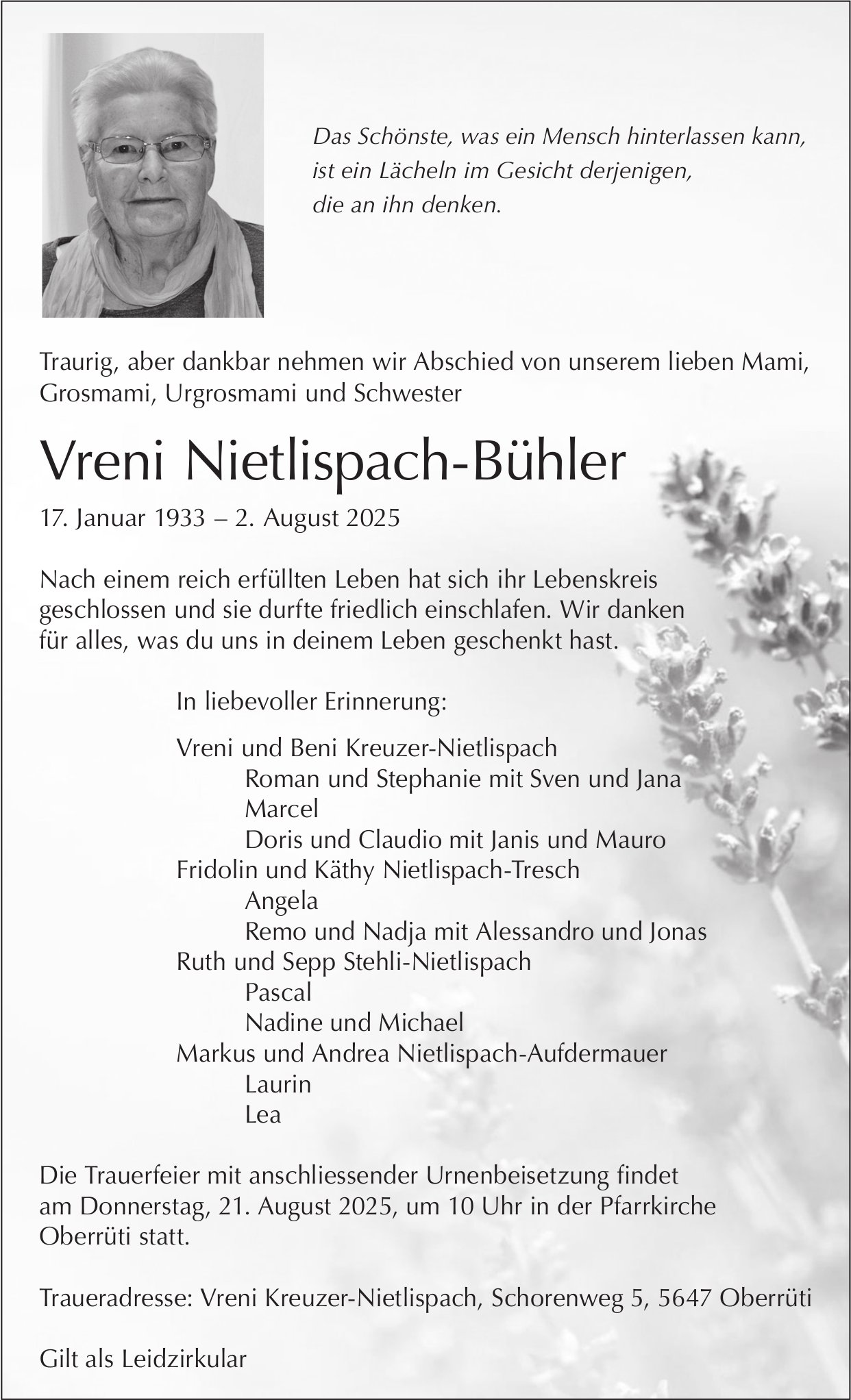 Nietlispach-Bühler Vreni, August 2025 / TA