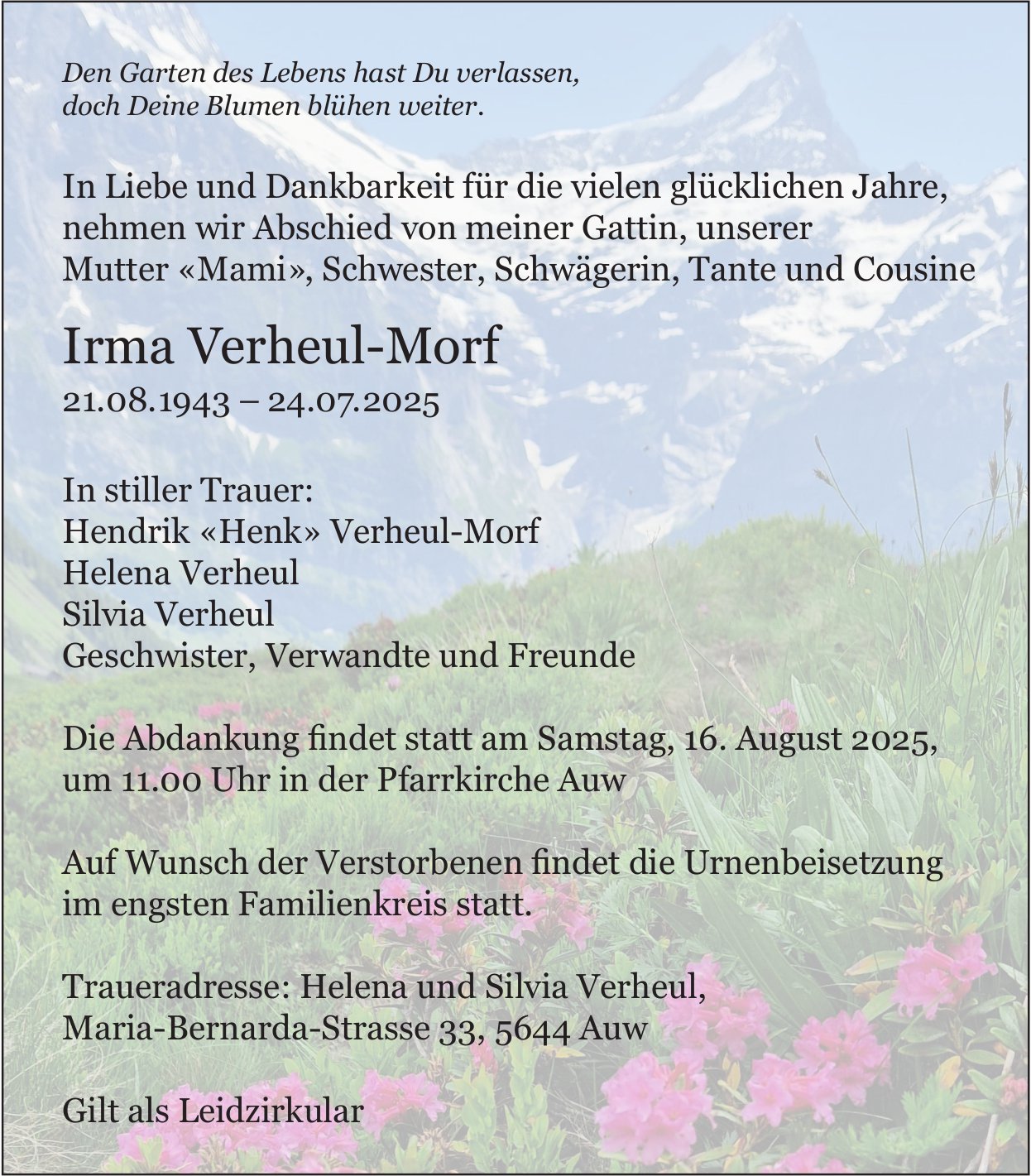 Verheul-Morf Irma, Juli 2025 / TA