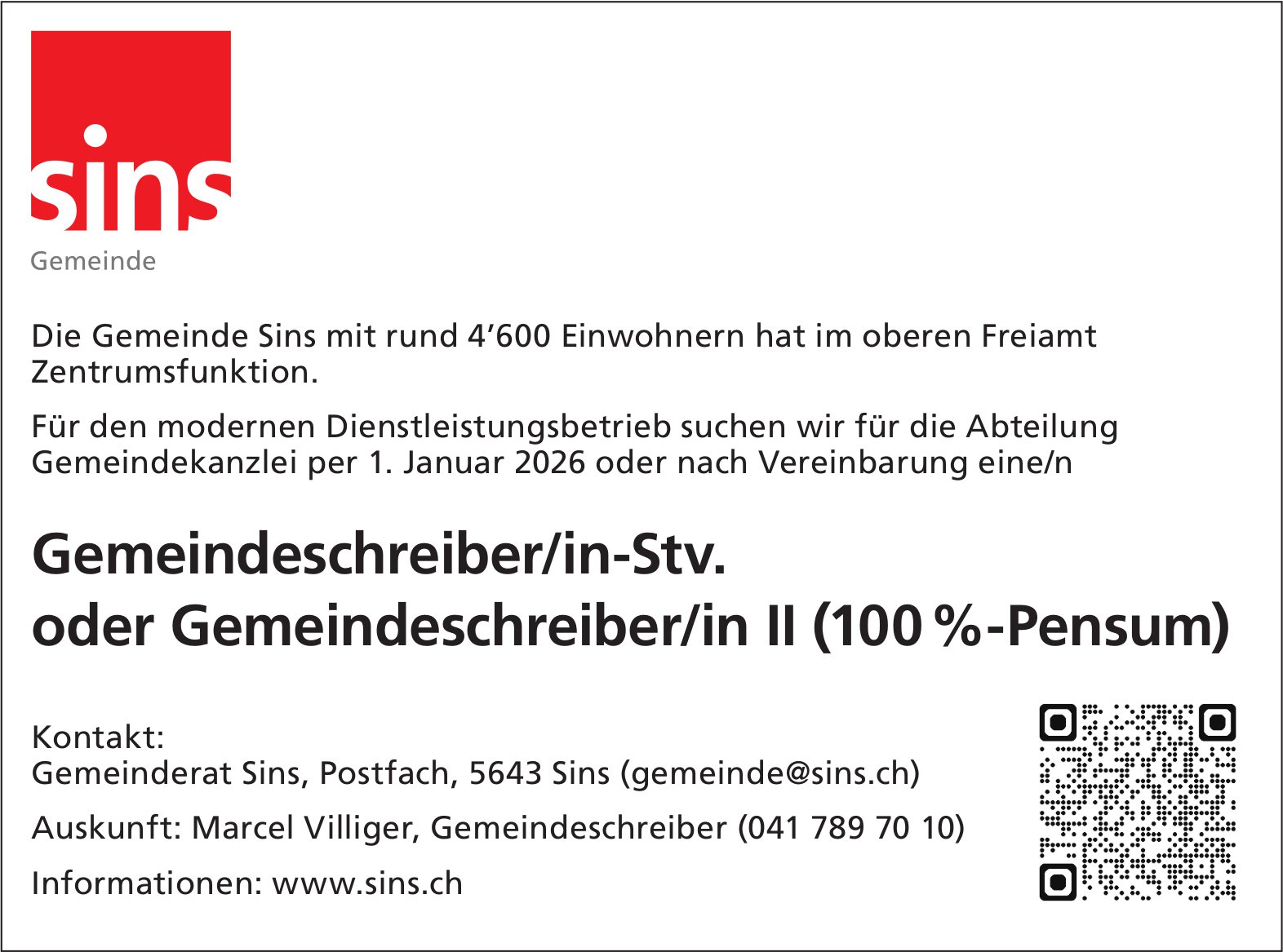 Gemeindeschreiber/in-Stv. oder Gemeindeschreiber/in II (100 %-Pensum), Gemeinde, Sins, gesucht