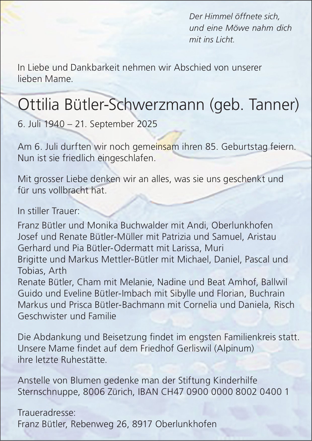 Bütler-Schwerzmann Ottilia (geb. Tanner), September 2025 / TA